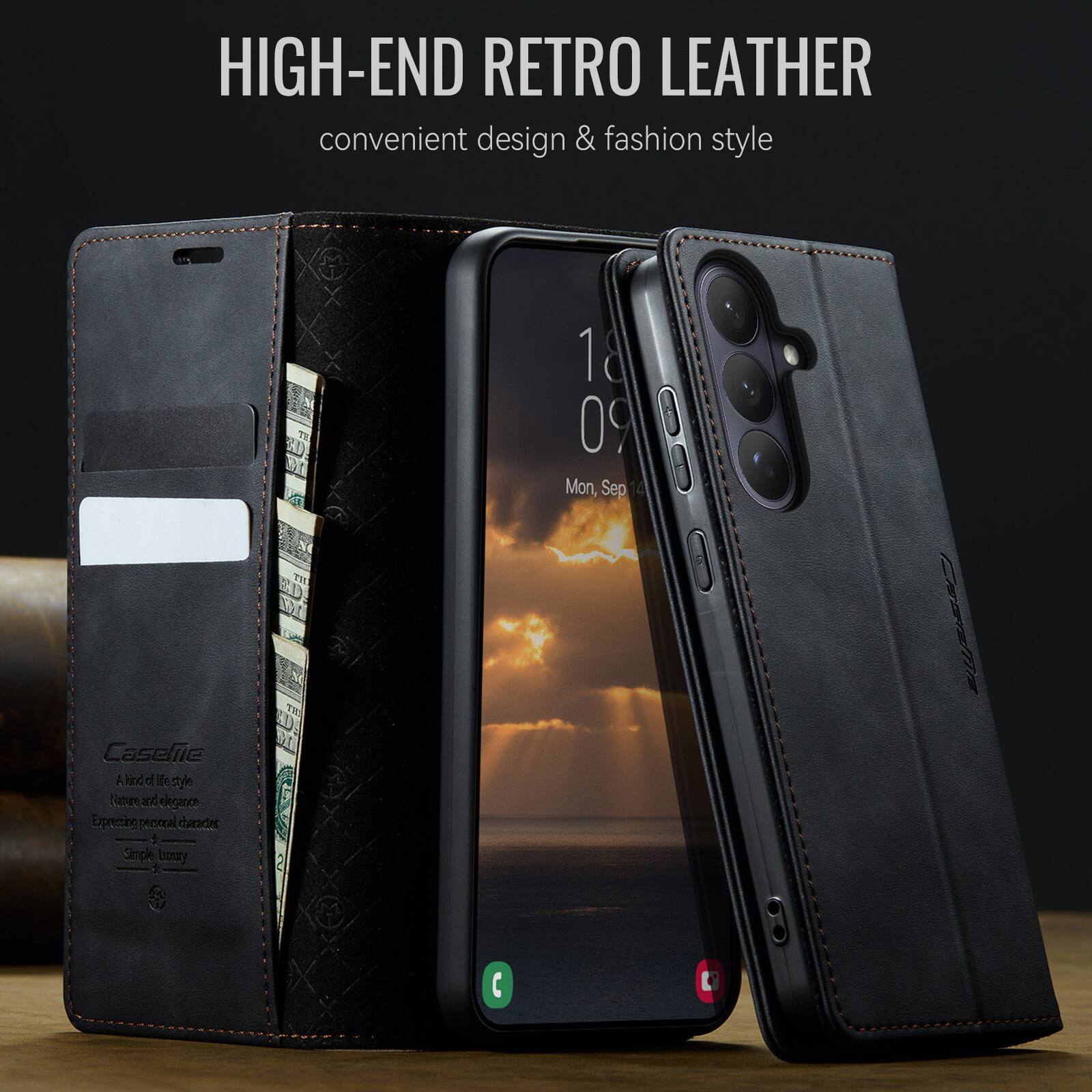 HIGH-END RETRO LEATHER  
convenient design & fashion style  

Casefie  
A kind of life style  
Nature and elegance  
Expressing personal character  
Simple Luxury  

18  
09  
Mon, Sep 14