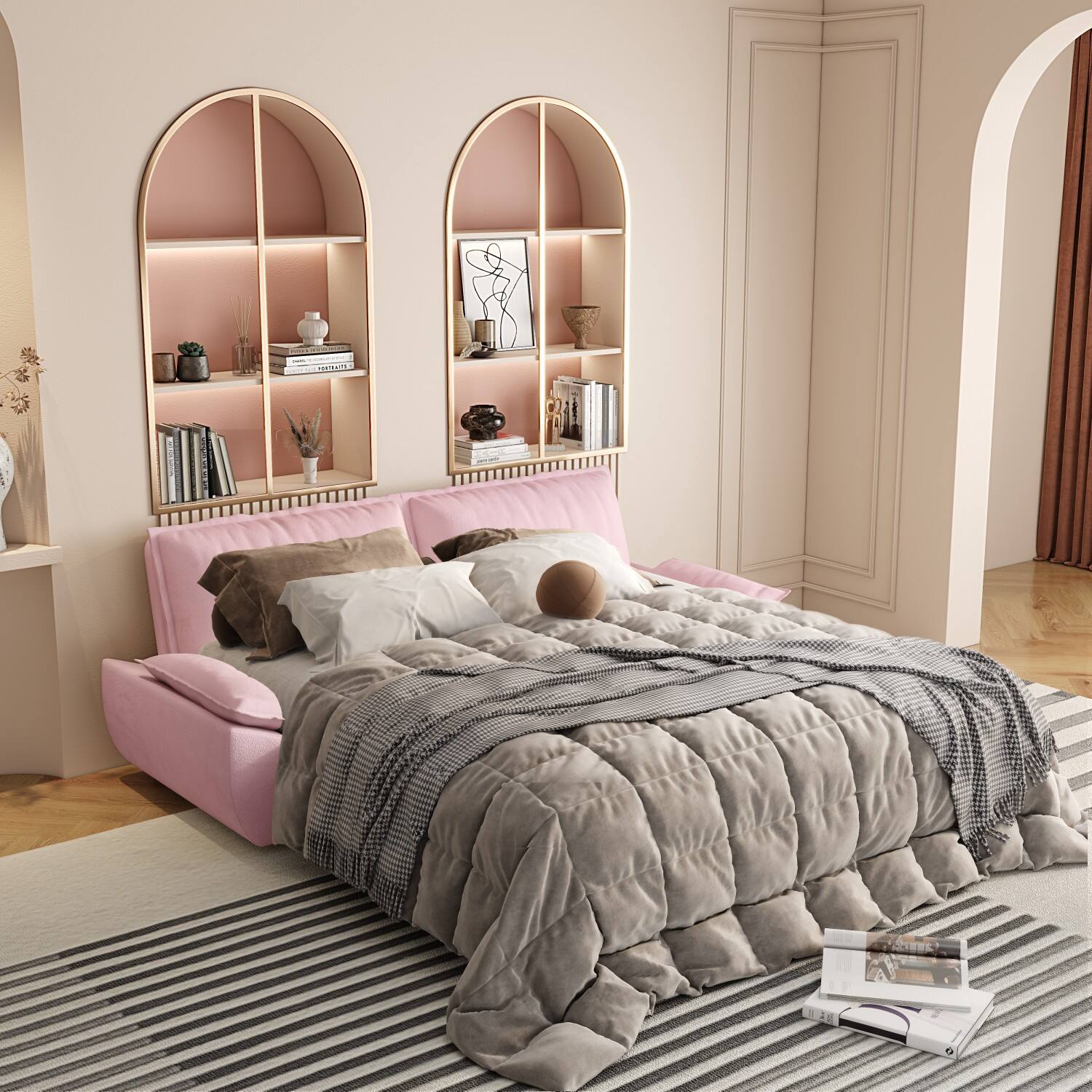 Alt View 5. Anysun - 73.2" 3-in-1 Velvet Convertible Sleeper Sofa Bed - Queen Pull-Out Loveseat - Pink.