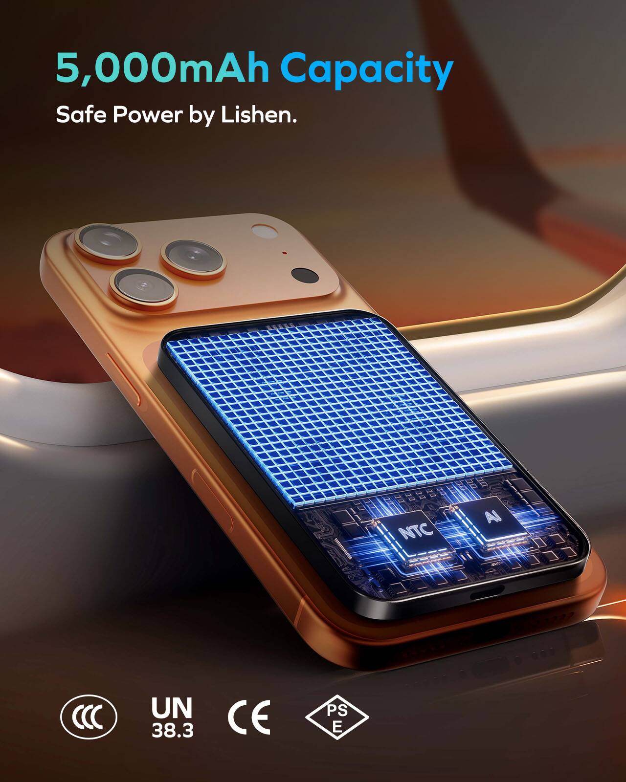 5,000mAh Capacity  
Safe Power by Lishen.  

UN 38.3  
CE  
PS E
