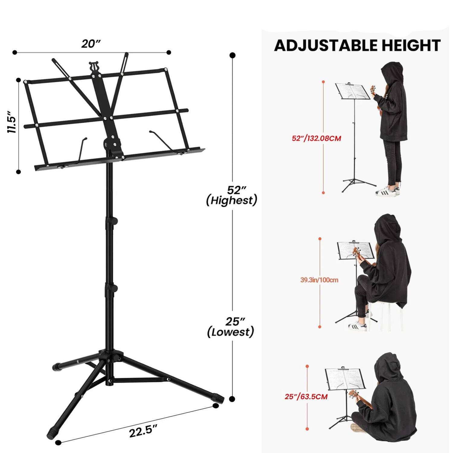 ADJUSTABLE HEIGHT

20"  
11.5"  
52" (Highest) 52"/132.08CM  
25" (Lowest) 25"/63.5CM  
22.5"  

39.3in/100cm