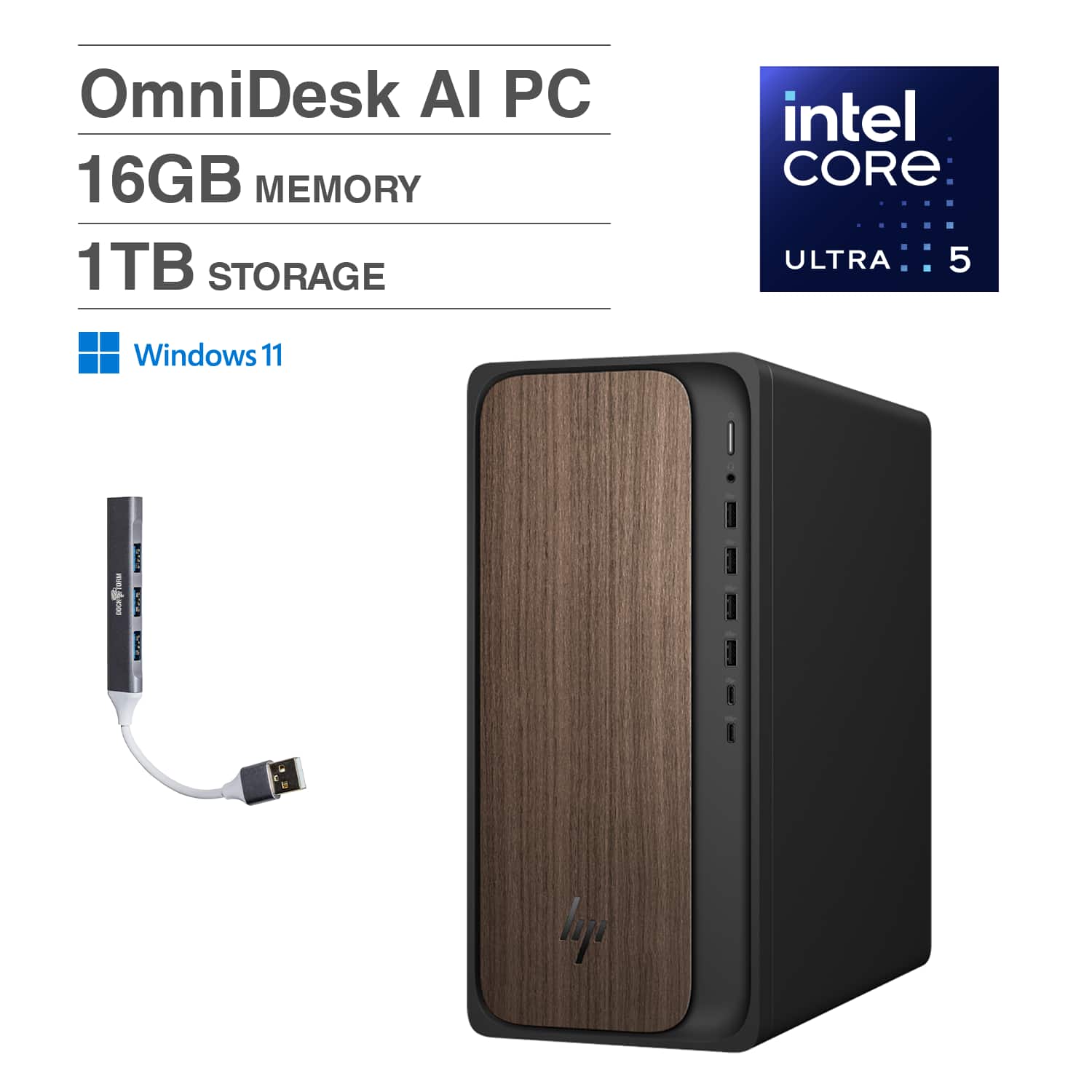 HP - OmniDesk Desktop (Ultra 5 225, 16GB, 1TB SSD, Intel Graphics, WiFi 6, Bluetooth 5.4, Win 11 Home) w/USB Hub - Dark Wood
