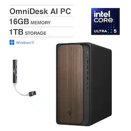 HP - OmniDesk Desktop (Ultra 5 225, 16GB, 1TB SSD, Intel Graphics, WiFi 6, Bluetooth 5.4, Win 11 Home) w/USB Hub - Dark Wood