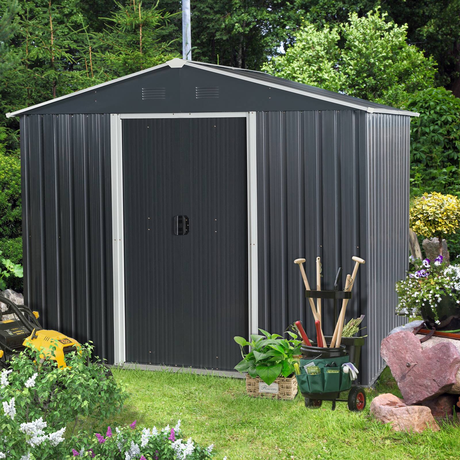 Angle. Mondawe - 8ft x 6ft Outdoor Metal Storage Shed with Metal foundation - Black.