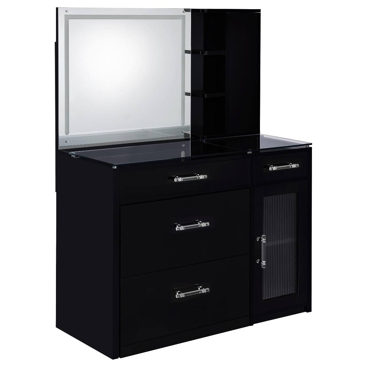 Angle. Loheer - Loheer Black High Gloss Makeup Vanity with LED Mirror and Stool - Black.