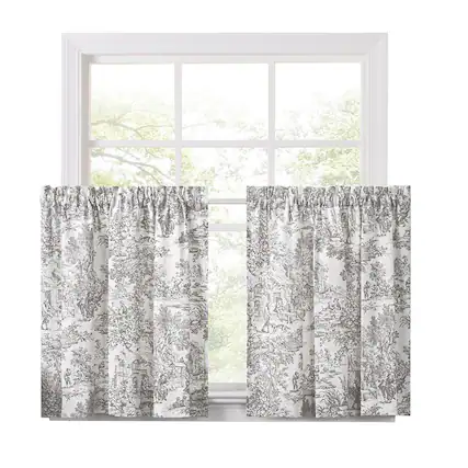 Front. Ellis Curtain - Ellis Curtain Victoria Park Toile Room Darkening Window Rod Pocket Pair Set With 2 Tiers - 2-Piece - 68x72" Gray - Grey.