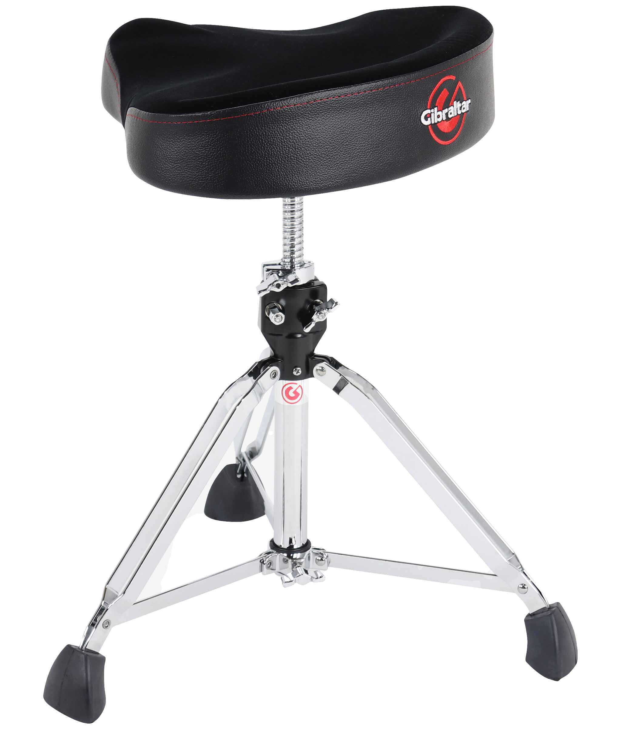 Angle. Gibraltar Hardware - 9000 Series Motorcycle Style Drum Throne, 16” Cordura Saddle Seat, Memory Foam, Height Adjustable with Spindle Lift.