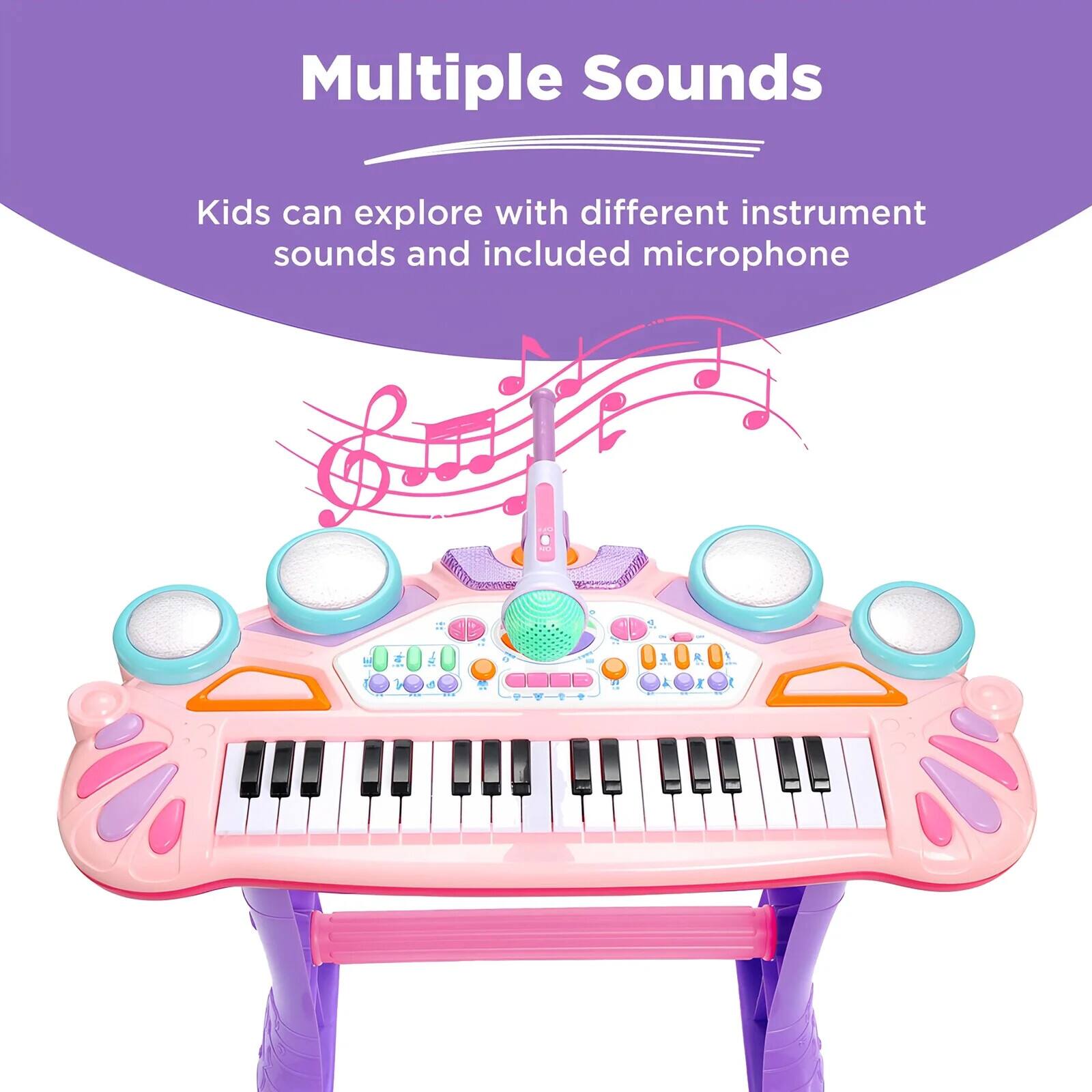 Multiple Sounds

Kids can explore with different instrument sounds and included microphone