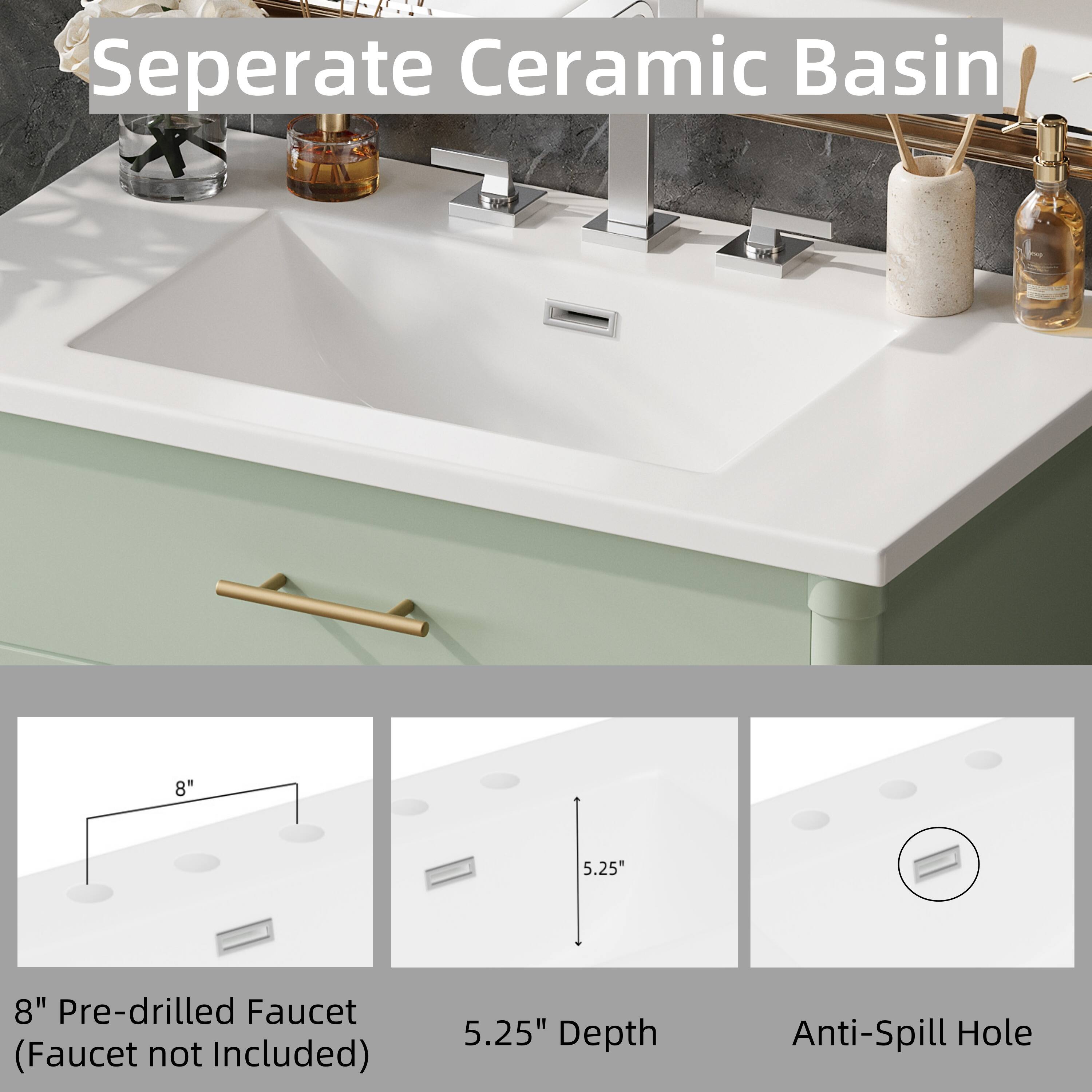 Separate Ceramic Basin  
8" Pre-drilled Faucet (Faucet not Included)  
5.25" Depth  
Anti-Spill Hole