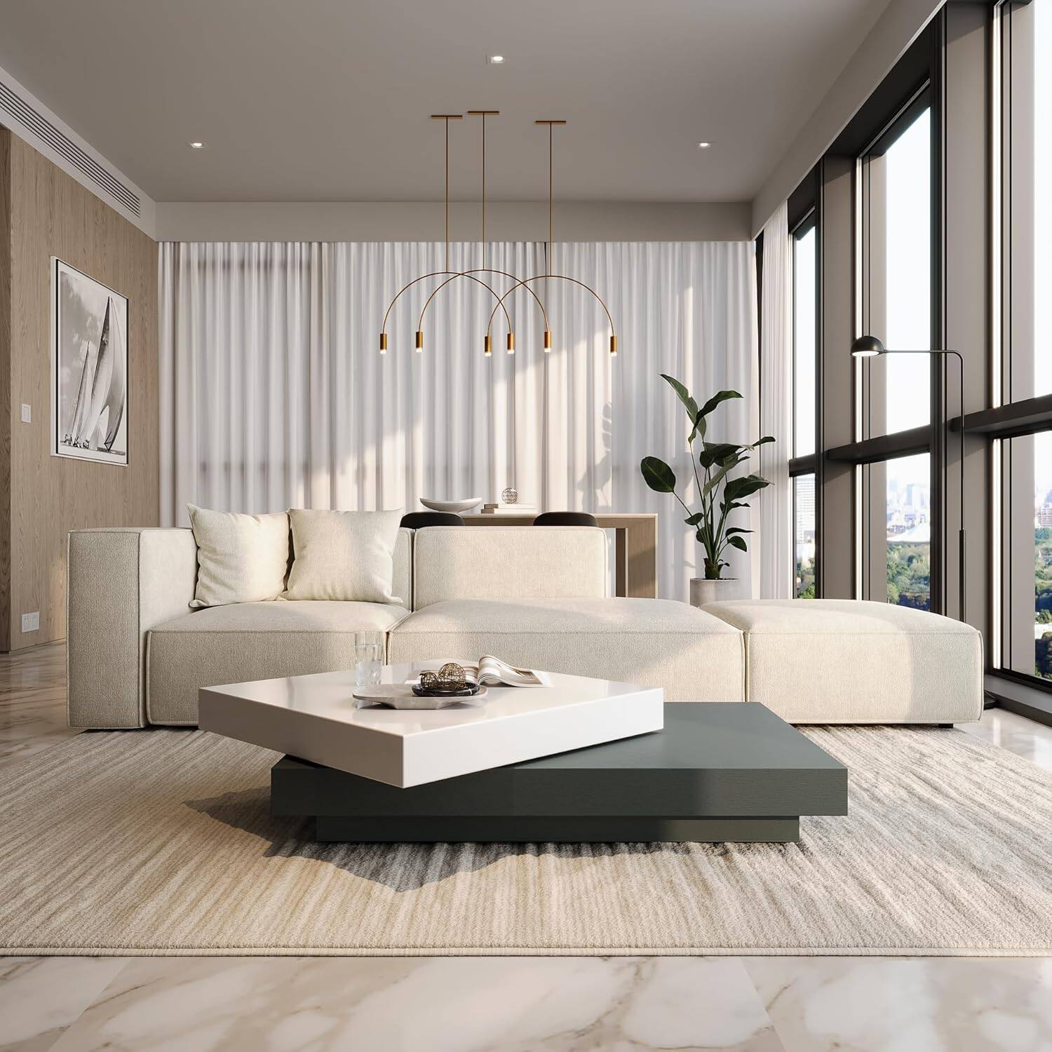 Front. Acanva - Modern Minimalist Coffee Table with Rotatable Tabletop, 2-Tier Center Tables for Living Room Apartment - Black and white.