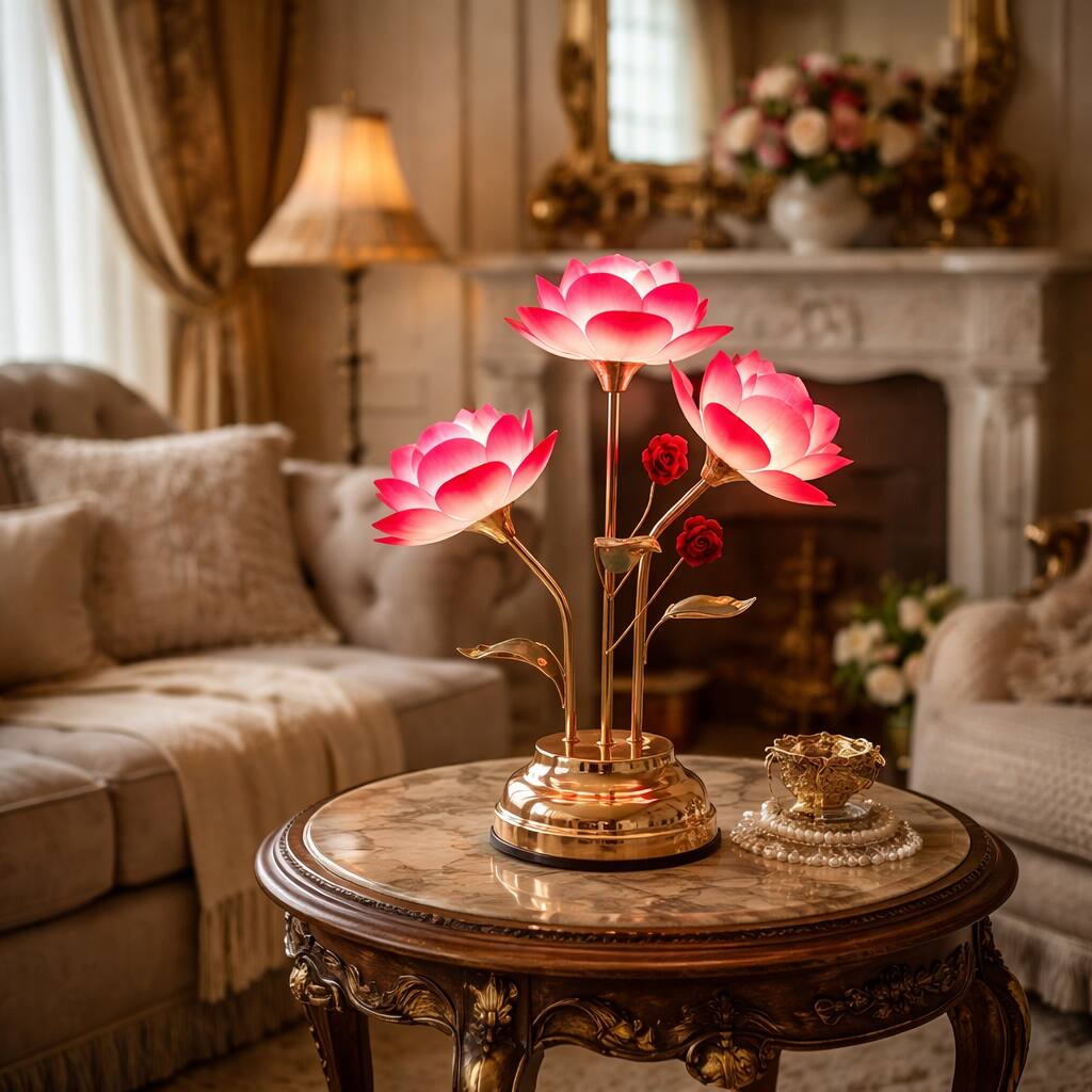Front. FC Design - 20"H Red Rose Elegant Floral Cluster Design with Multiple Stems Touch Lamp.