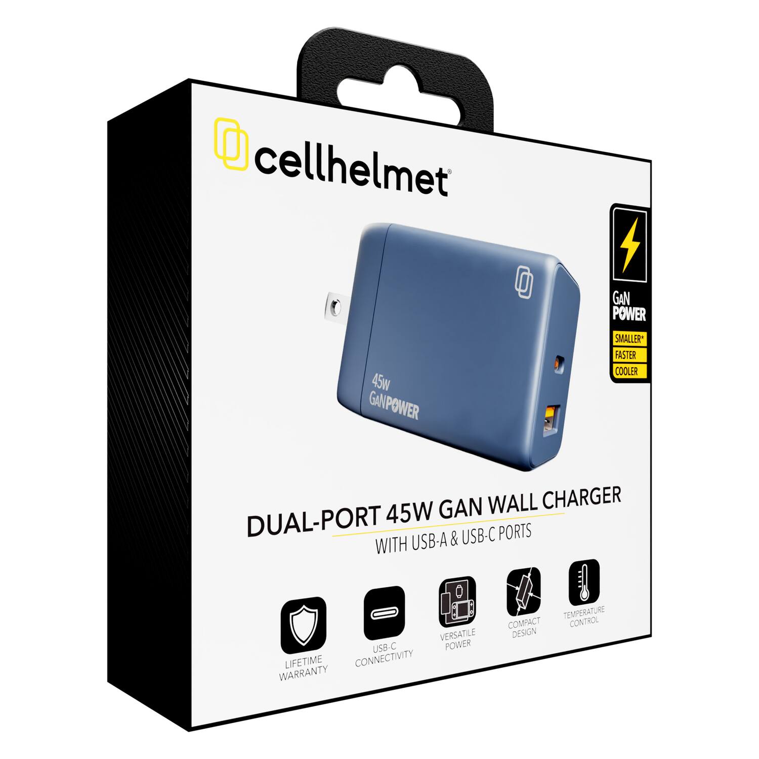 cellhelmet

GAN POWER

SMALLER FASTER COOLER

DUAL-PORT 45W GAN WALL CHARGER
WITH USB-A & USB-C PORTS

LIFETIME WARRANTY
USB-C CONNECTIVITY
VERSATILE POWER
COMPACT DESIGN
TEMPERATURE CONTROL