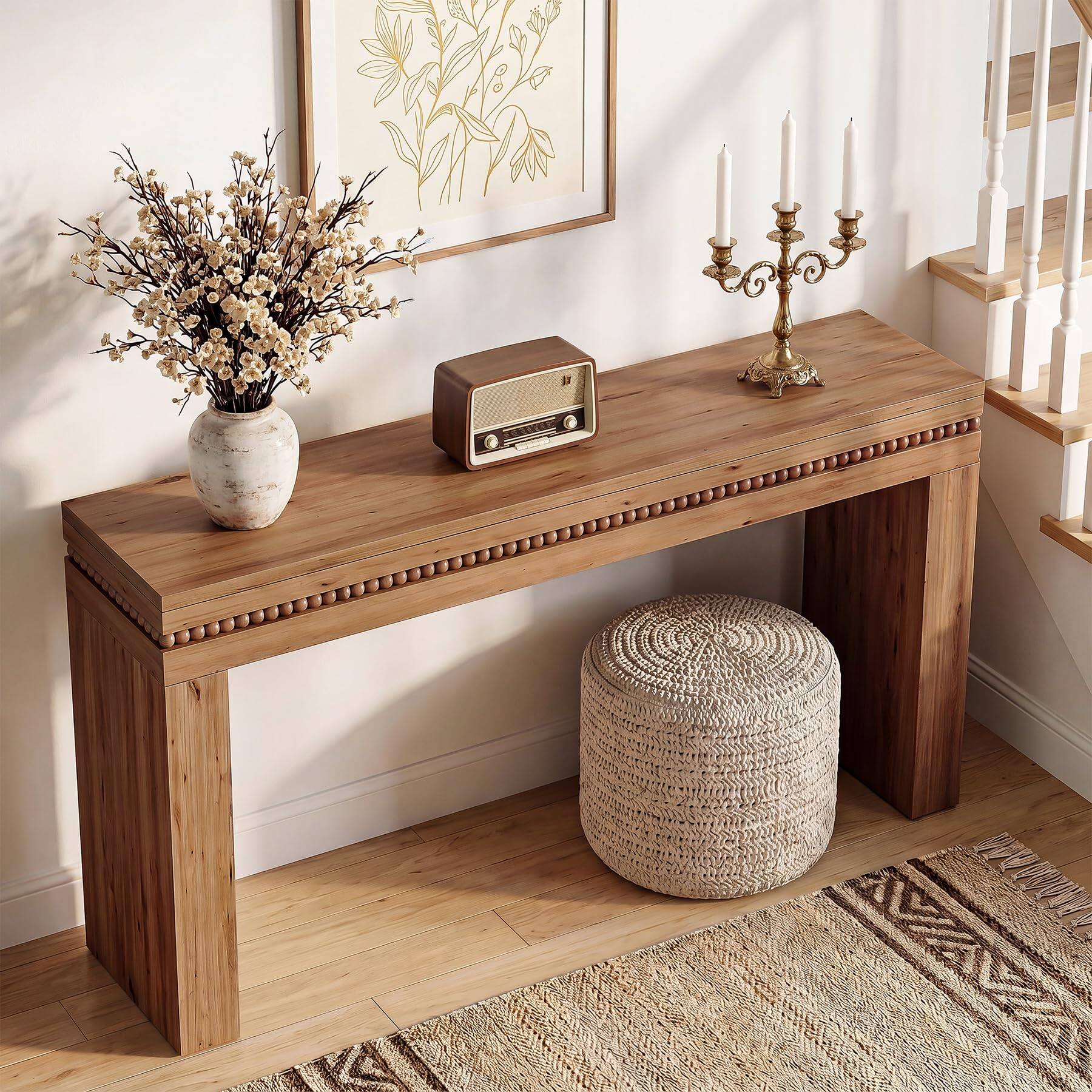 Back. Tribesigns - 63" Solid Wood Long Console Tables for Entryway, Beaded Trim, Thick Tabletop & Legs, Farmhouse Sofa Table Behind Couch f - Honey Brown.
