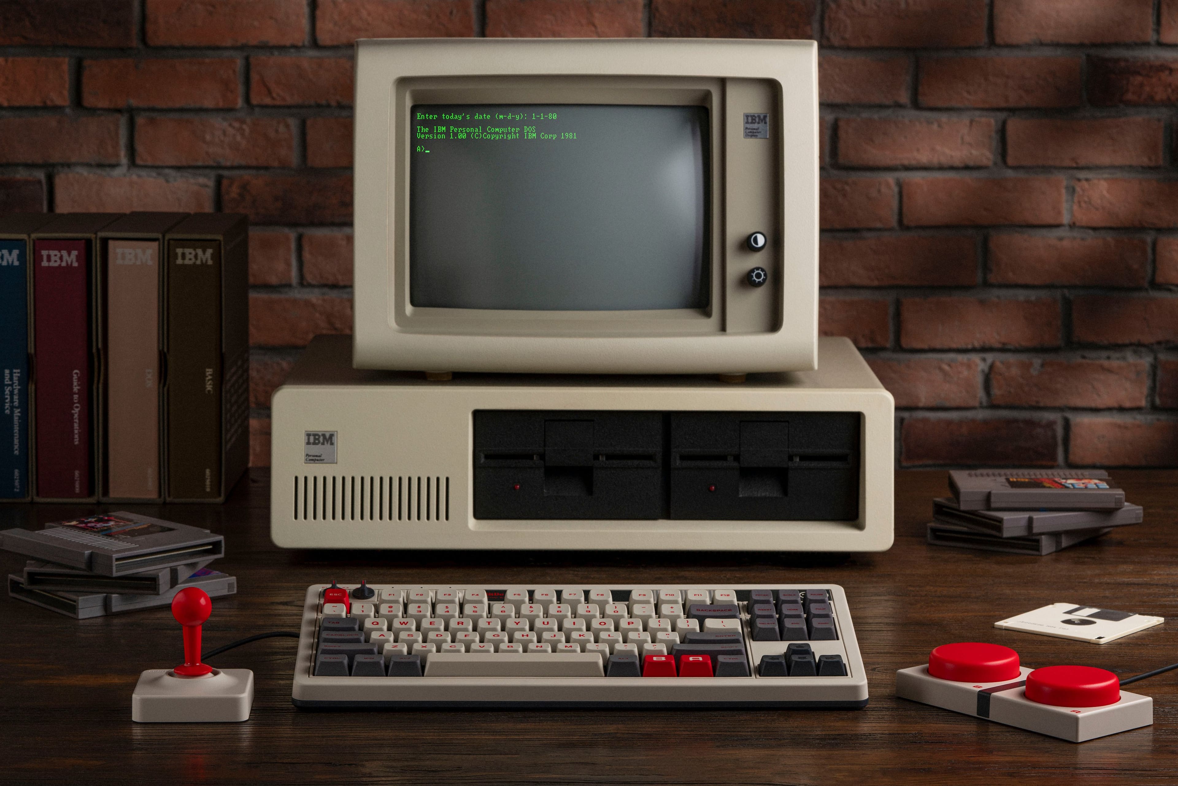The image shows a vintage IBM computer with a keyboard and a monitor. The computer is sitting on a desk, and there are several books nearby. The text on the image reads: "Inter today's date 1-100 The EM Personal Computer 201 version 1.M 1 (C)Copyright 1981 IBM." This suggests that the image is a representation of an old IBM computer from the 1980s, showcasing the technology and design of that era.