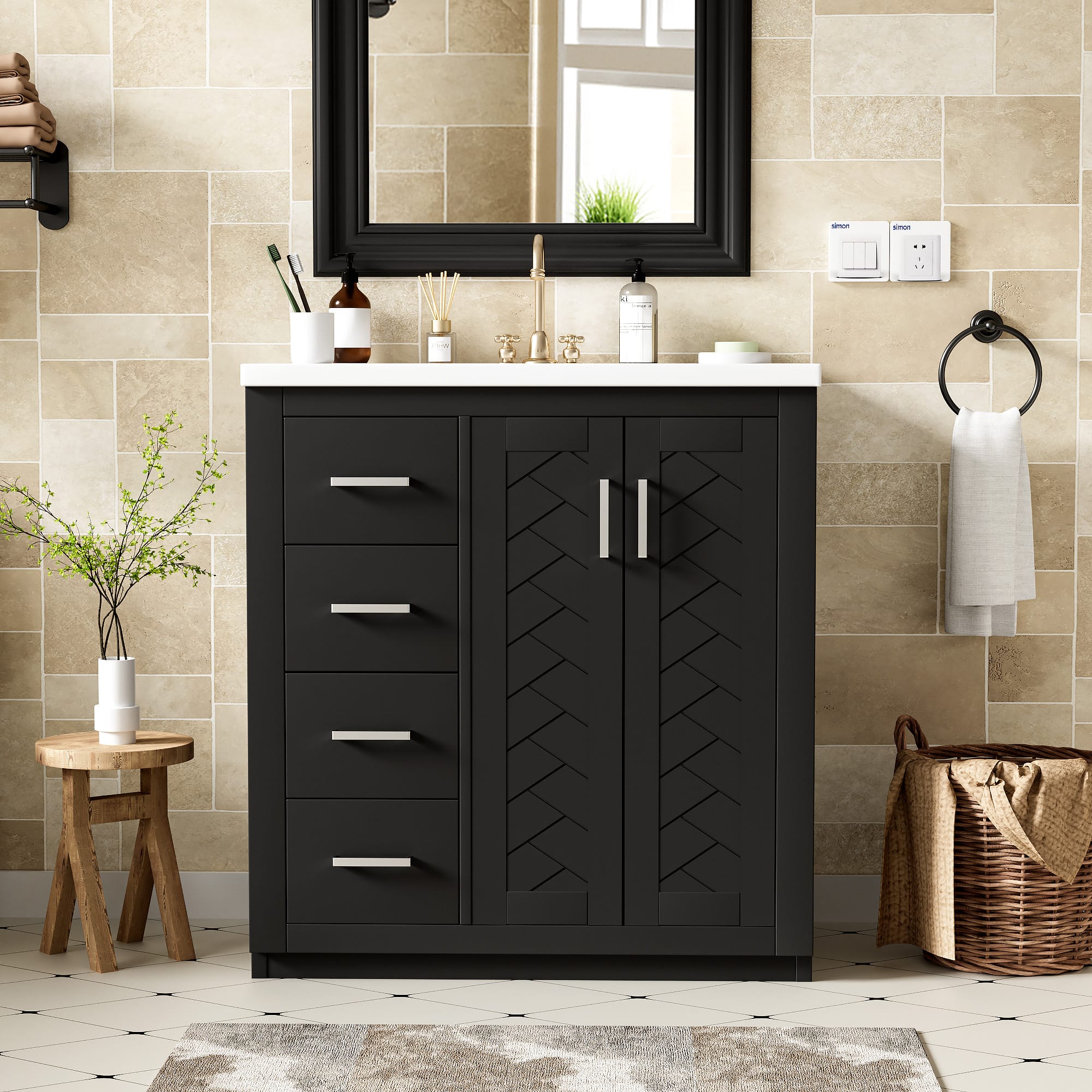 Tiramisubest - 30" Bathroom Vanity with Ceramic Sink Combo,Bathroom Storage Cabinet, Freestanding Vanity Set with 3 Drawers - Black
