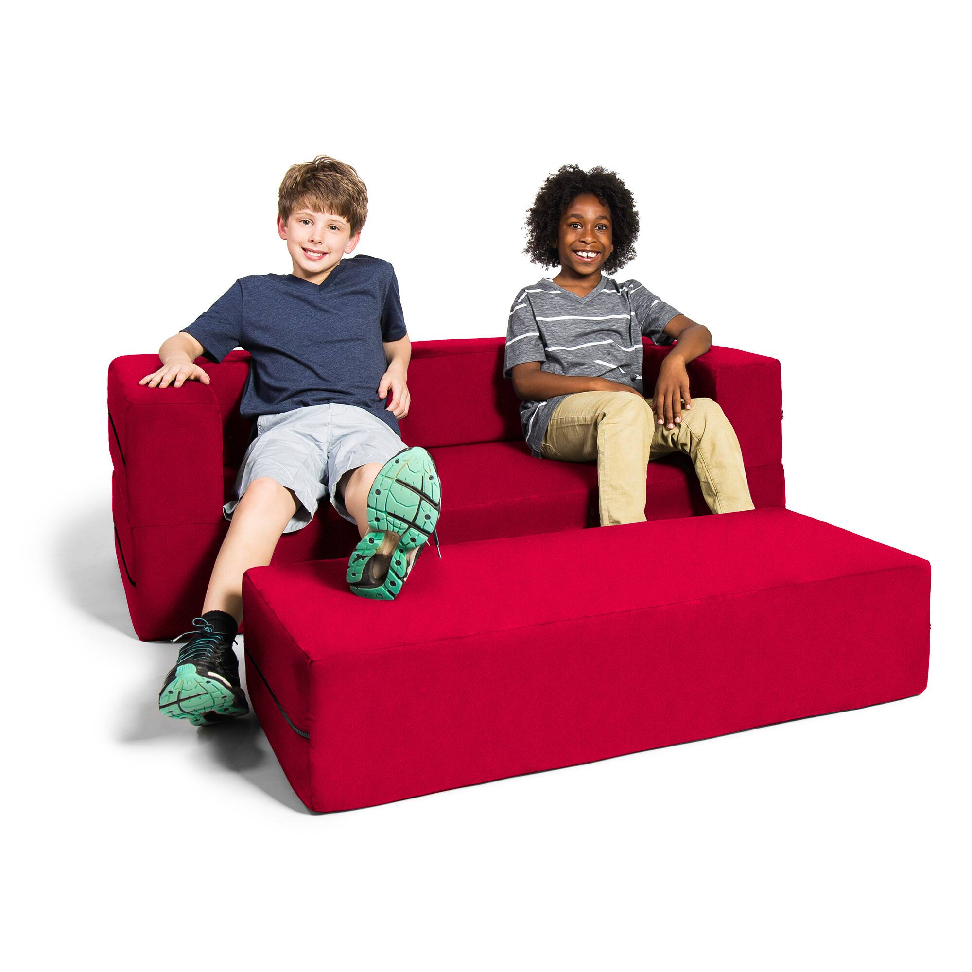 Left. Jaxx - Jaxx Zipline Kids Sofa & Large Ottoman, 3 in 1 Fold Out Sofa, Big Kids Edition, Cherry - Cherry.