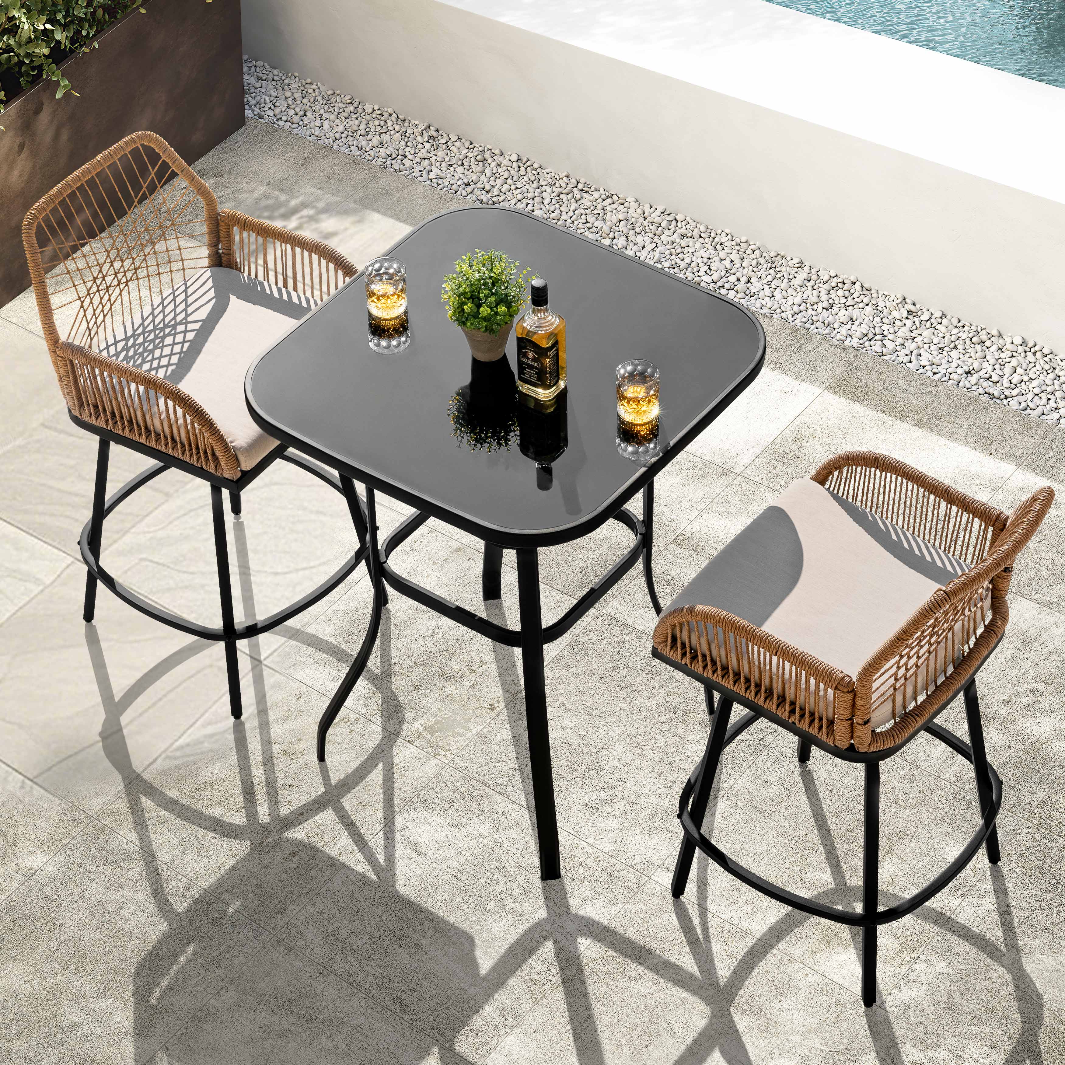 Nuu Garden - Swivel Patio Bar Set with Cushions, Handwoven Twisted Rattan Design - 3pc Glass Top