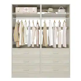 Aheaplus - 48" Set of 2 Closet Systems w/6 Wood Drawers, 2 Hanging Rods & 2 Shelves - Heavy Duty Walk-in Organizer - White Oak