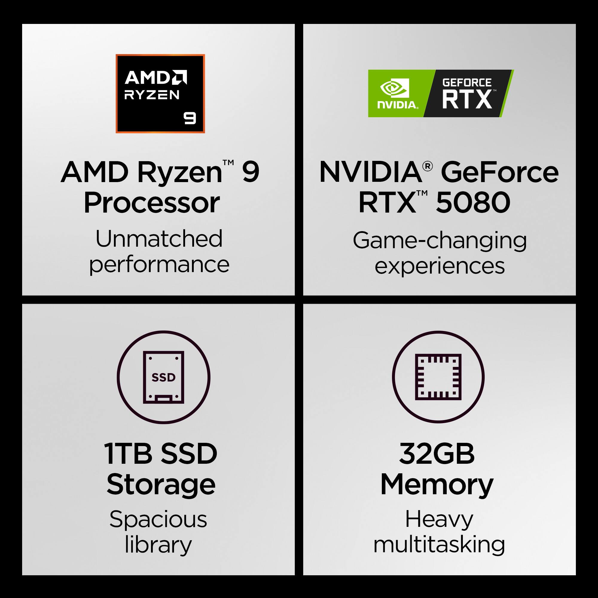 AMD Ryzen 9 Processor  
Unmatched performance  

NVIDIA GeForce RTX 5080  
Game-changing experiences  

1TB SSD Storage  
Spacious library  

32GB Memory  
Heavy multitasking
