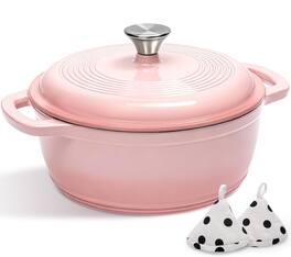 FINEAK - 5QT Enameled Cast Iron Dutch Oven with Potholders for Versatile Cooking - Pink