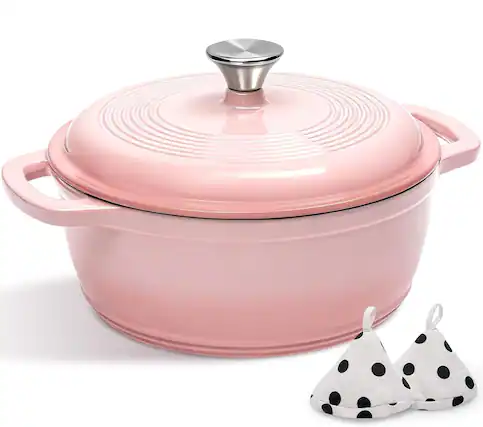 Front. FINEAK - 5QT Enameled Cast Iron Dutch Oven with Potholders for Versatile Cooking-Pink - Pink.