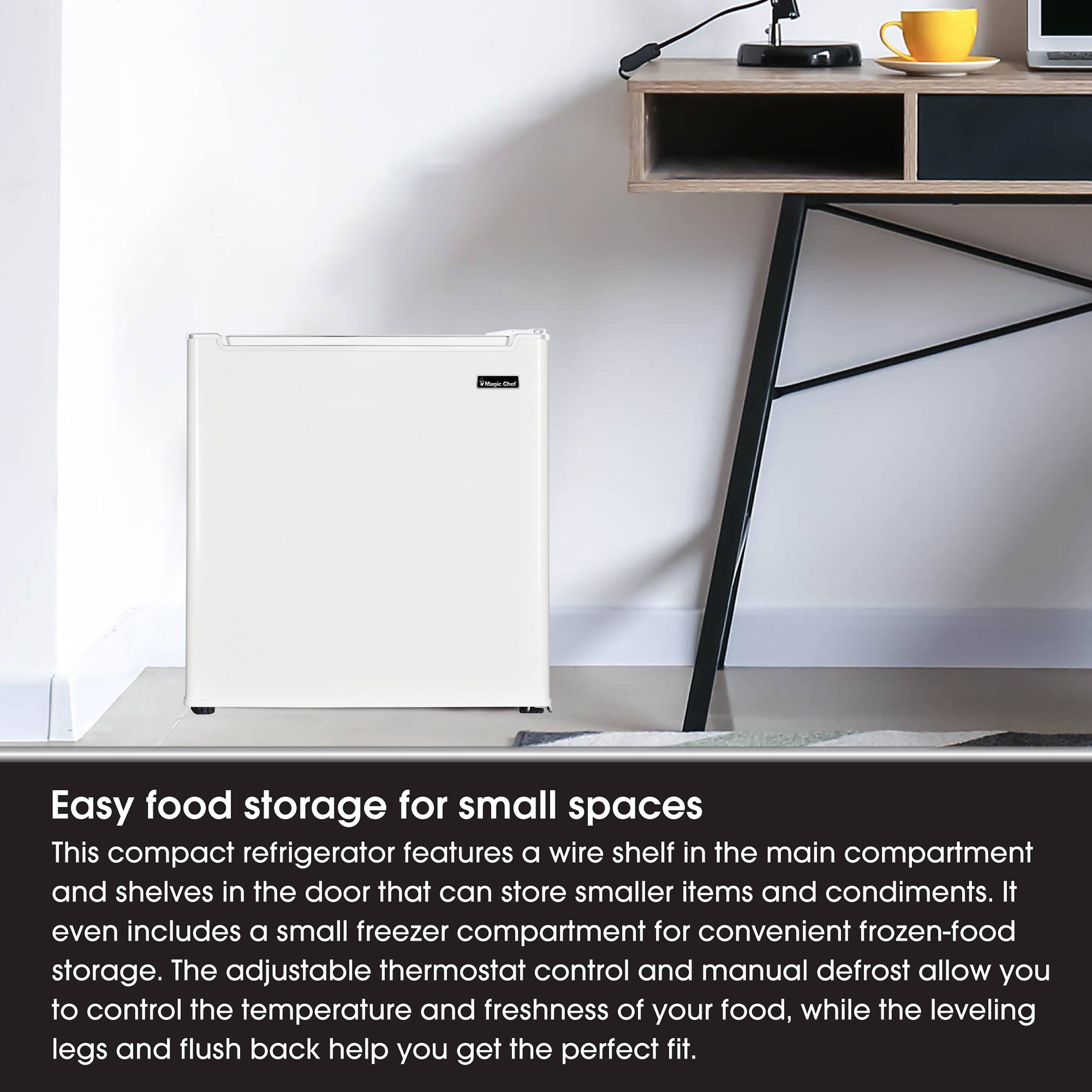 10%  
Vitagic  
Easy food storage for small spaces  
This compact refrigerator features a wire shelf in the main compartment and shelves in the door that can store smaller items and condiments. It even includes a small freezer compartment for convenient frozen-food storage. The adjustable thermostat control and manual defrost allow you to control the temperature and freshness of your food, while the leveling legs and flush back help you get the perfect fit.