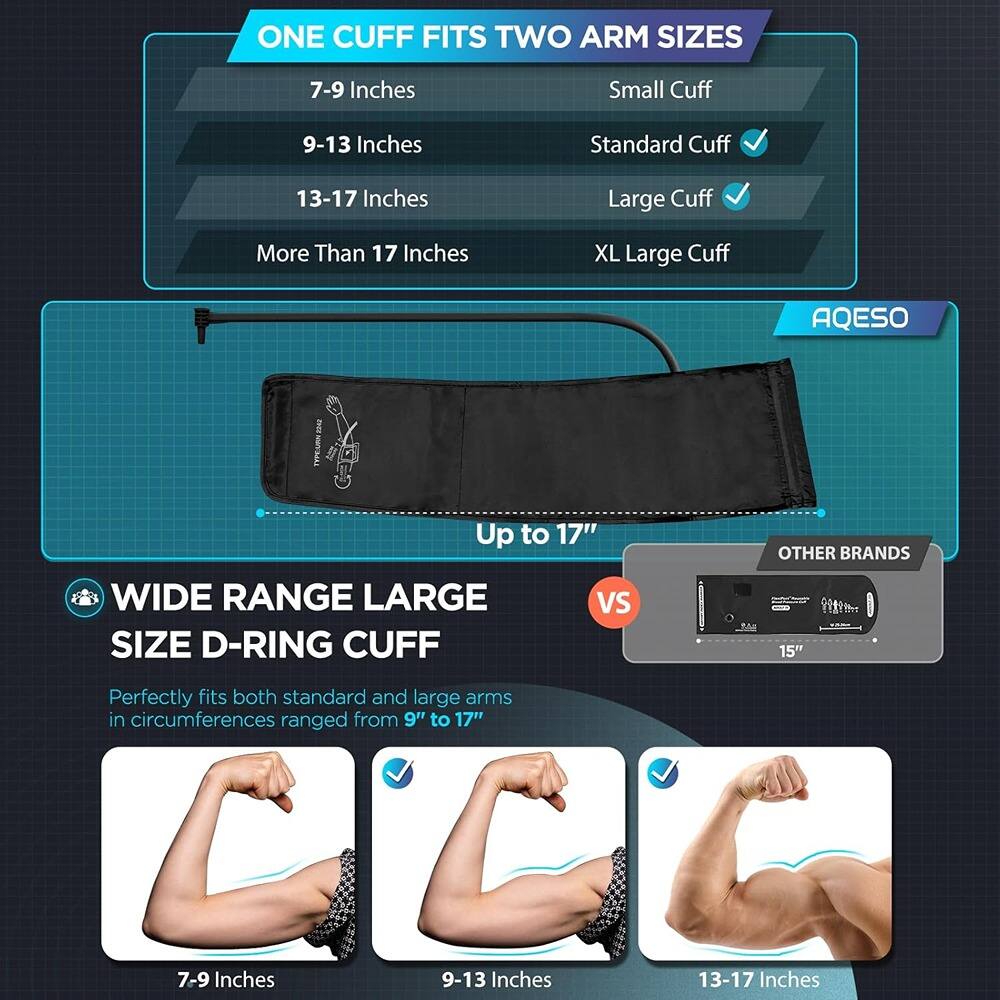 **ONE CUFF FITS TWO ARM SIZES**

- 7-9 Inches: Small Cuff
- 9-13 Inches: Standard Cuff
- 13-17 Inches: Large Cuff
- More Than 17 Inches: XL Large Cuff

**AQESO**

**Up to 17"**

**WIDE RANGE LARGE SIZE D-RING CUFF**

Perfectly fits both standard and large arms in circumferences ranged from 9" to 17"

- 7-9 Inches
- 9-13 Inches
- 13-17 Inches

**VS**

**OTHER BRANDS**

15"