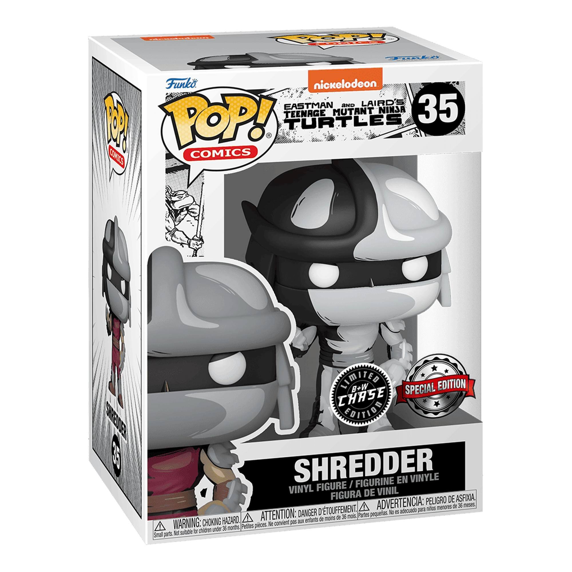 Sure, here is the corrected and grouped text from the image:

---

**Front:**
- **Top Left:** Funko POP! COMICS
- **Top Center:** nickelodeon EASTMAN and LAIRD'S TEENAGE MUTANT NINJA TURTLES 35
- **Top Right:** 35
- **Center:** SHREDDER
- **Bottom Center:** VINYL FIGURE / FIGURINE EN VINYLE / FIGURA DE VINIL
- **Bottom Right:** LIMITED B+W CHASE EDITION SPECIAL EDITION

**Side:**
- **Top:** Funko POP! COMICS
- **Bottom:** WARNING: CHOKING HAZARD - Small parts. Not suitable for children under 3 years. ATTENTION: PELIGRO DE ASFIXIA - Pequeñas piezas. No es adecuado para niños menores de 3 años. ADVERTENCIA: PELIGRO - Pequeñas piezas. No es adecuado para niños menores de 3 años.

**Bottom:**
- **Left:** WARNING: CHOKING HAZARD - Small parts. Not suitable for children under 3 years.
- **Center:** ATTENTION: PEL