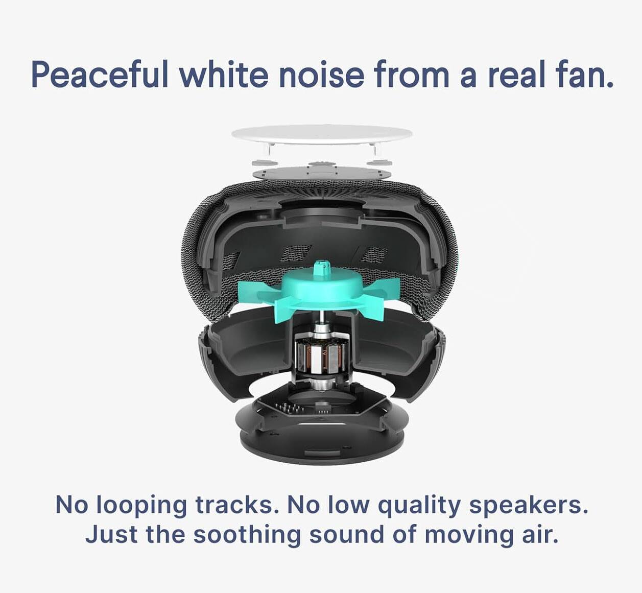 Peaceful white noise from a real fan.

No looping tracks. No low quality speakers. Just the soothing sound of moving air.