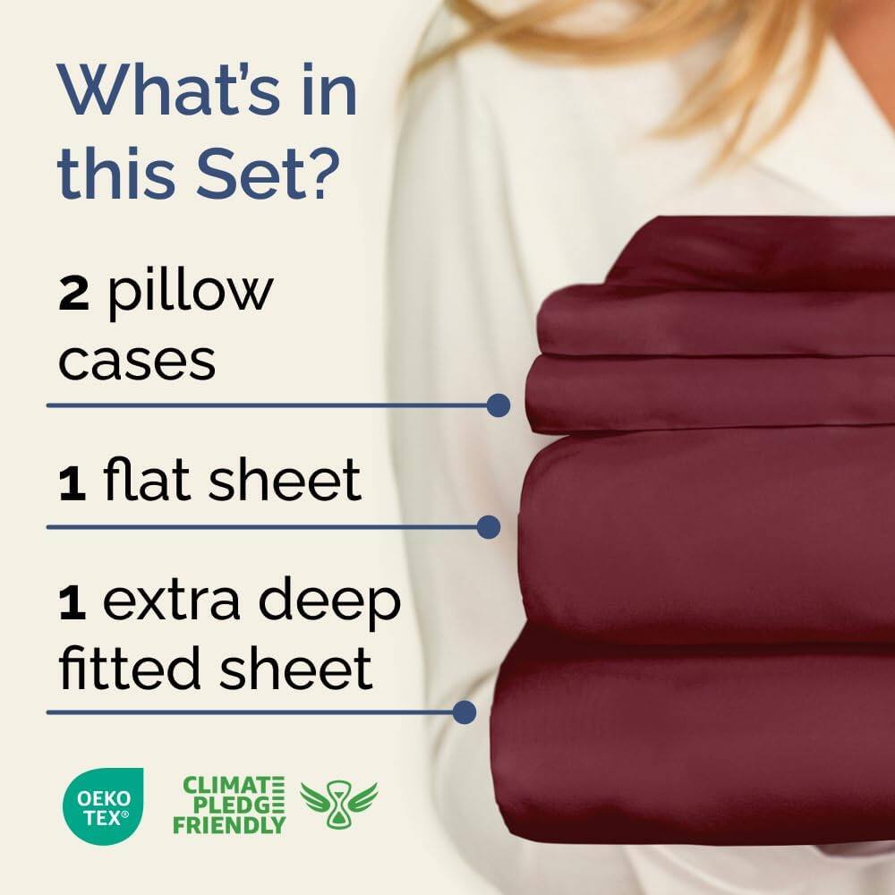 What's in this Set?

2 pillow cases

1 flat sheet

1 extra deep fitted sheet

CLIMATE PLEDGE FRIENDLY

OEKO TEX