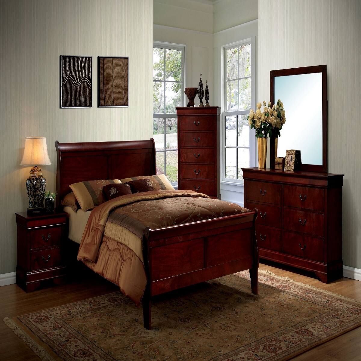 Alt View 4. Loheer - Loheer Cherry Finish Two Drawer Nightstand with Solid Wood Construction - Cherry.