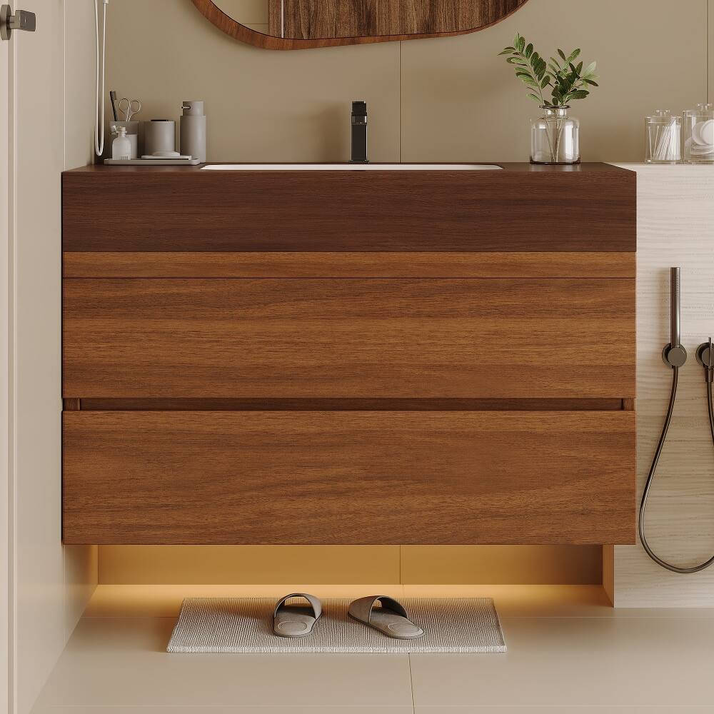Left. Loheer - Loheer 29.9 inch floating bathroom vanity Walnut Wall Mounted Vanity with Sink - Walnut.