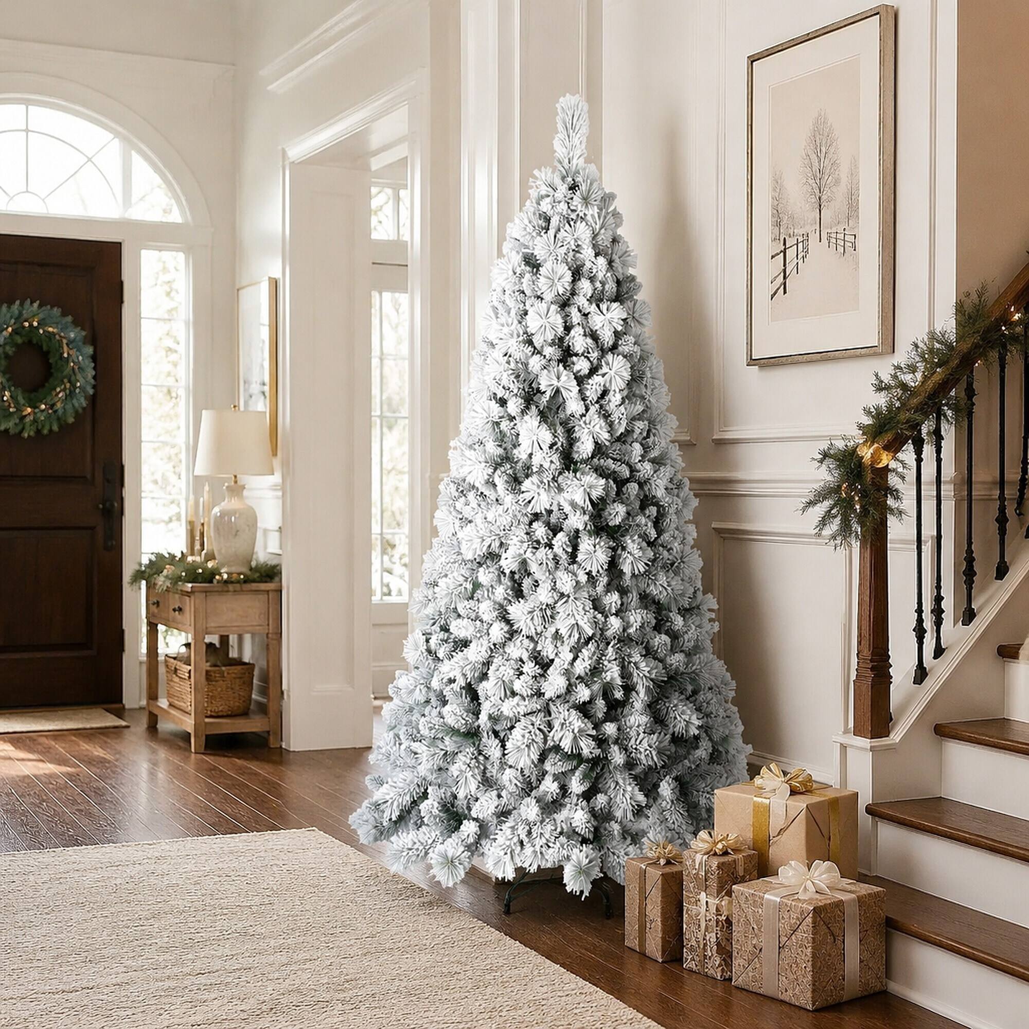 Alt View 1. RYHNUYNE - 6FT Flocked Christmas Tree, 752 Snowy PVC Hard Needle Branches Hinged Design Easy Setup Stable Metal Stand - Green,White.