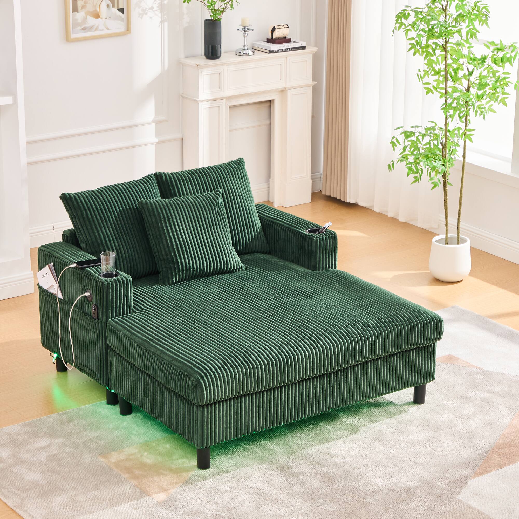 Alt View 4. Trinkets Crazed - Modern Corduroy Oversized Recliner Sofa with Deep Seat, USB Charging,RGB LED Light Strip - Emerald.