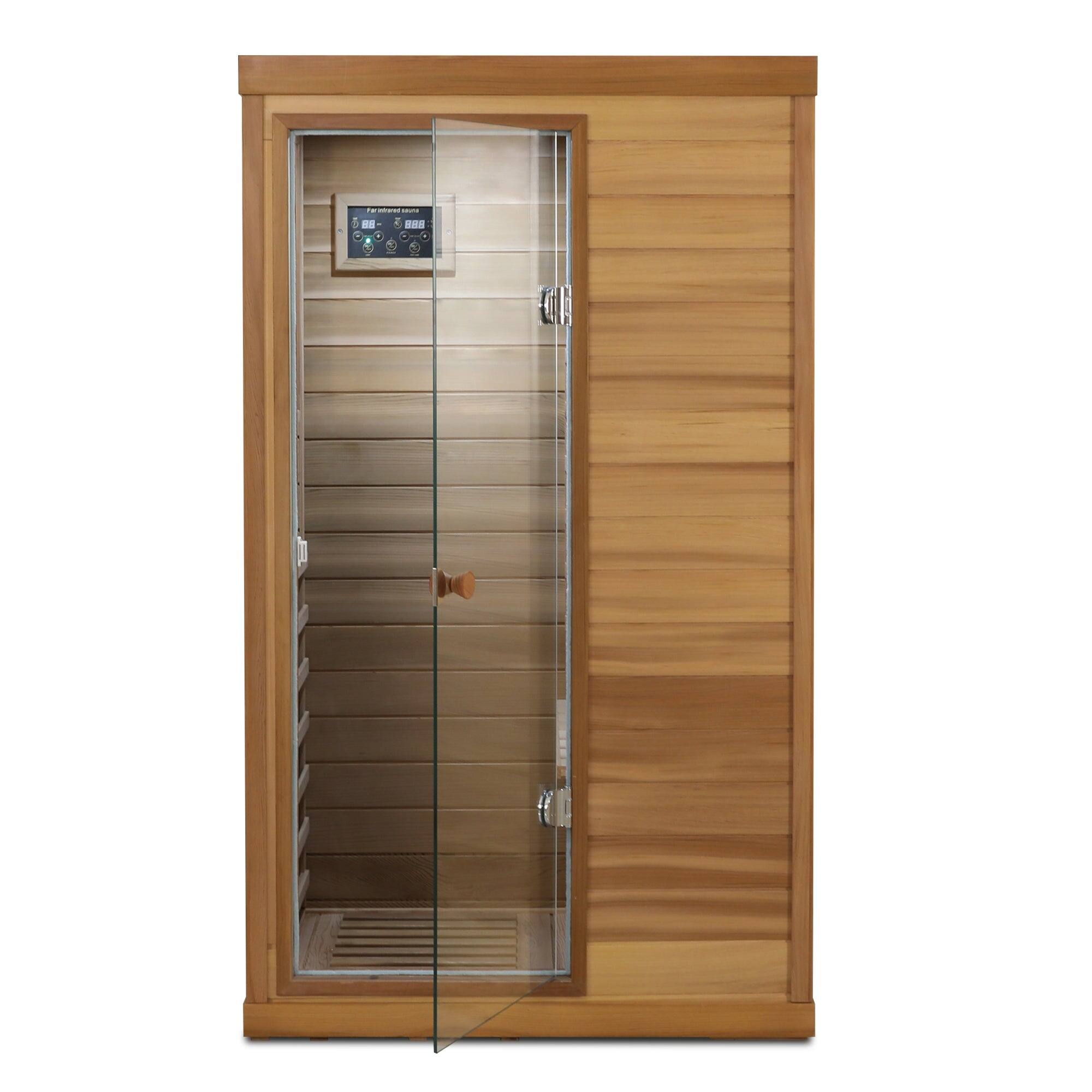 Alt View 5. Boyel Living - Red Cedar Mini One-Person Far Infrared Sauna with Left Glass Door and Bluetooth Audio and LED Reading Light - Natural Wood+Caramel.