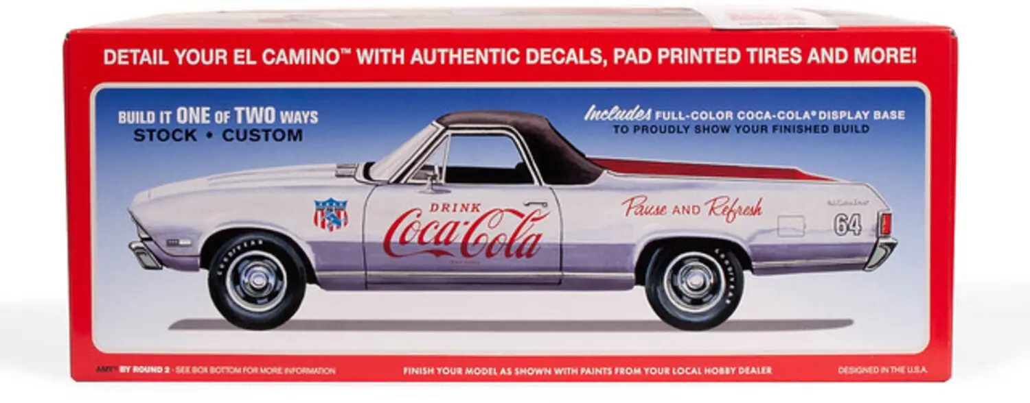 DETAIL YOUR EL CAMINO WITH AUTHENTIC DECALS, PAD PRINTED TIRES AND MORE! BUILD IT ONE OF TWO WAYS STOCK CUSTOM Includes FULL-COLOR COCA-COLA DISPLAY BASE TO PROUDLY SHOW YOUR FINISHED BUILD DRINK Coca-Cola Pause AND Refresh 64 AMT BY ROUND 2 SEX BOX T FOR MORE INFORMATION FINISH YOUR MODEL AS SHOWN WITH PAINTS FROM YOUR LOCAL HOBBY DEALER DESIGNED IN THE U.S.A