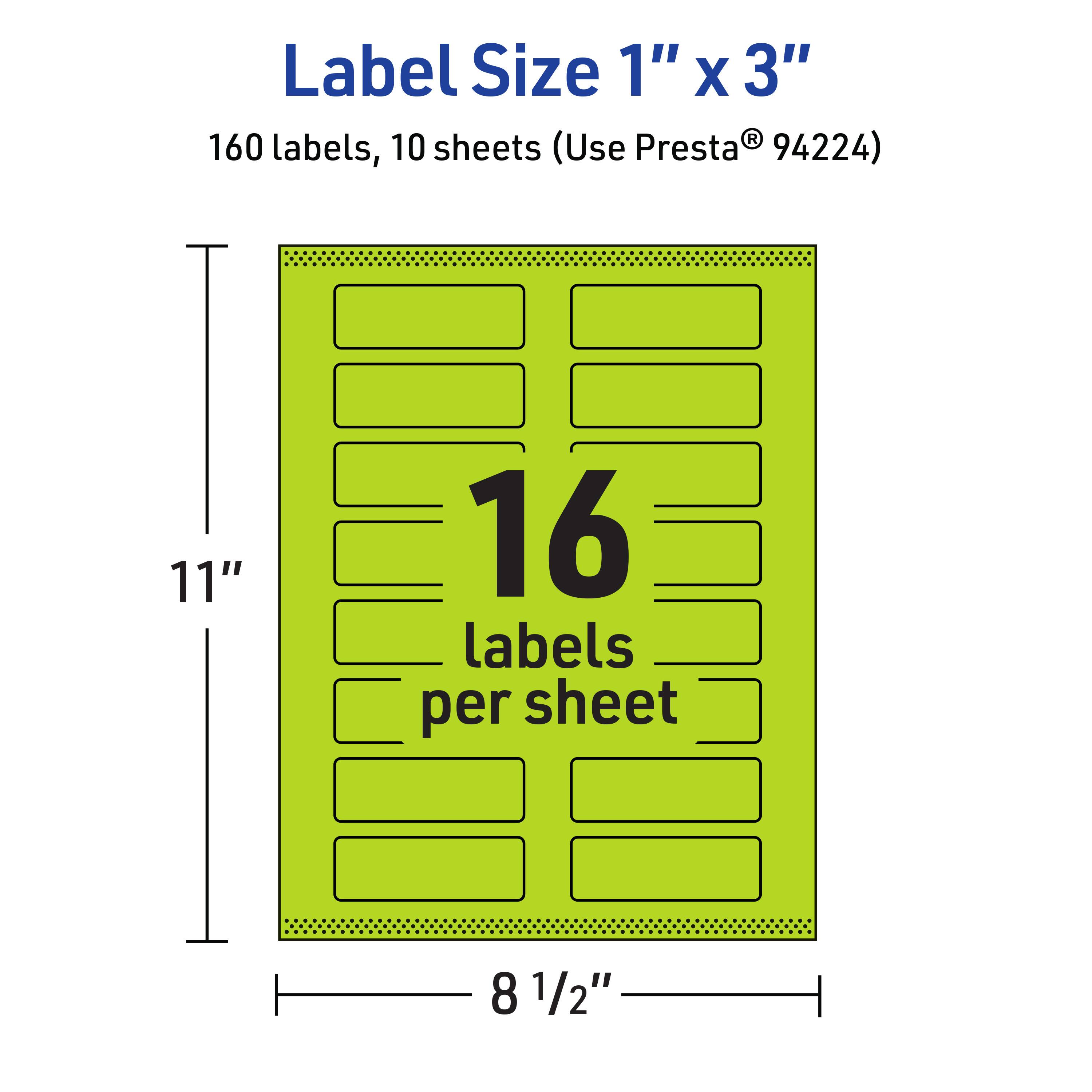 Label Size 1" x 3"  
160 labels, 10 sheets (Use Presta® 94224)  
16 labels per sheet  
11" x 8 1/2"