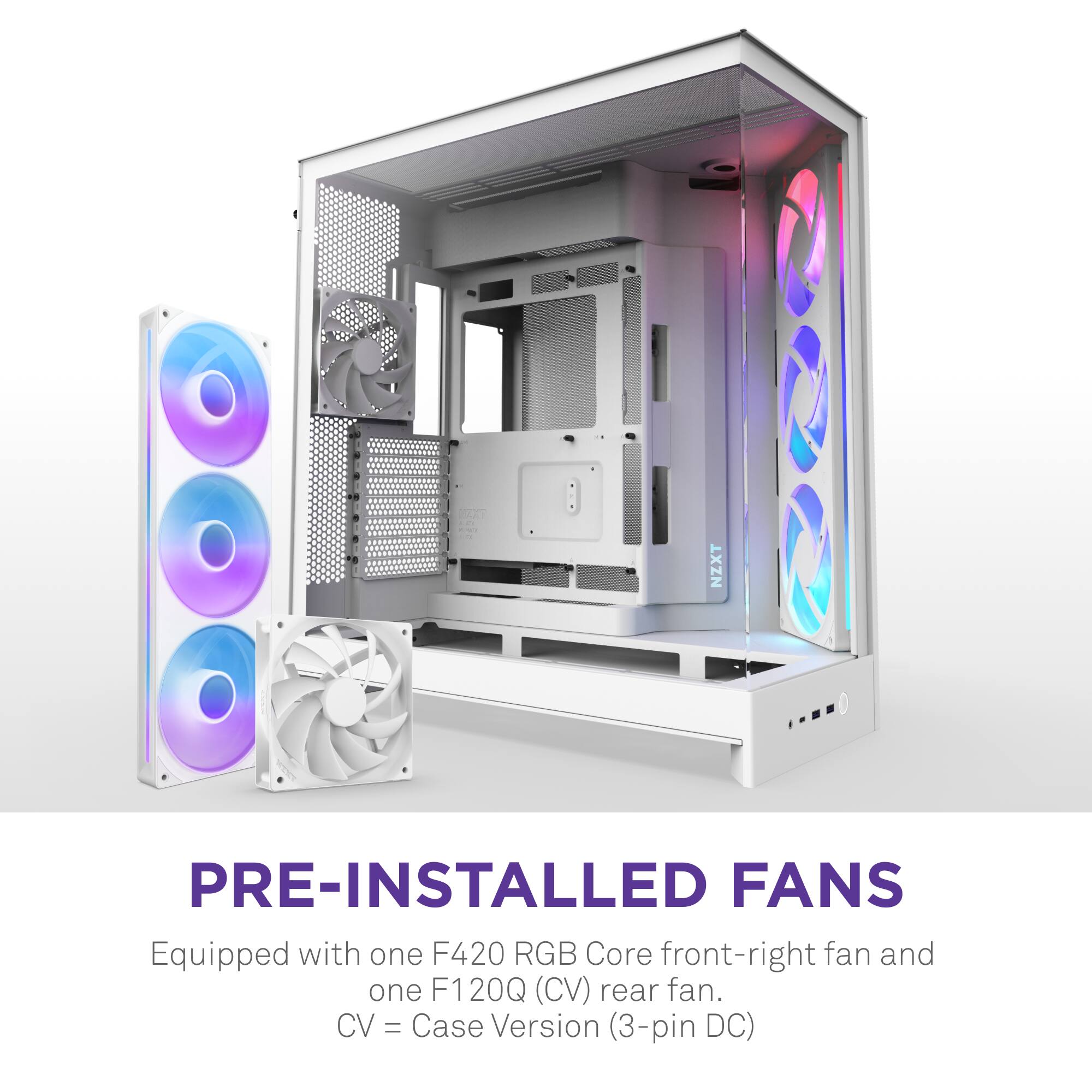 The image features a computer tower with a pre-installed fan. The tower is equipped with one F420 RGB Core front-right fan and one F120Q (CV) rear fan. The CV stands for Case Version and is a 3-pin DC fan.