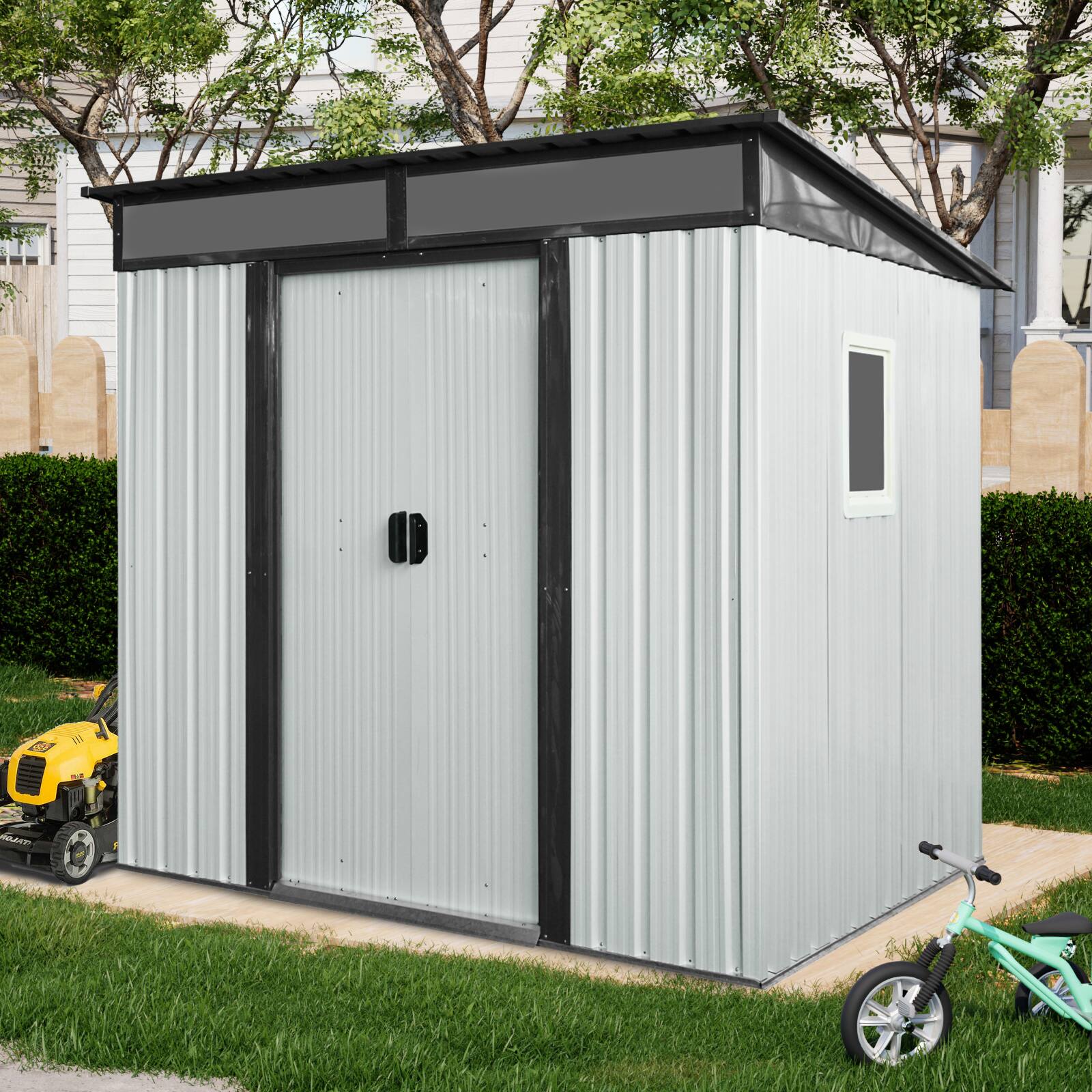 Angle. Mondawe - 6ft x 5ft Outdoor Metal Storage Shed with Window and Transparent plate - White+Black.