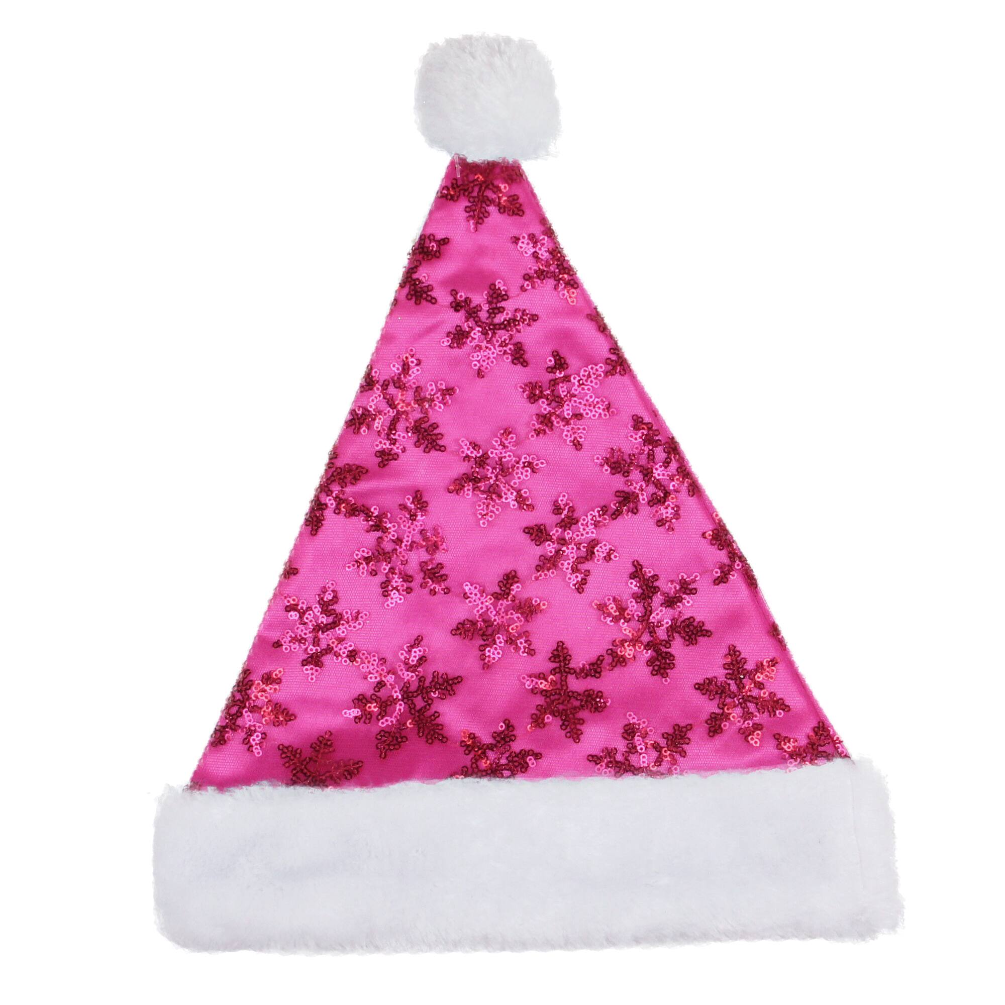 Front. Northlight - Pink and White Sequin Snowflake Santa Hat Unisex Adult Christmas Costume Accessory - Medium - Pink.