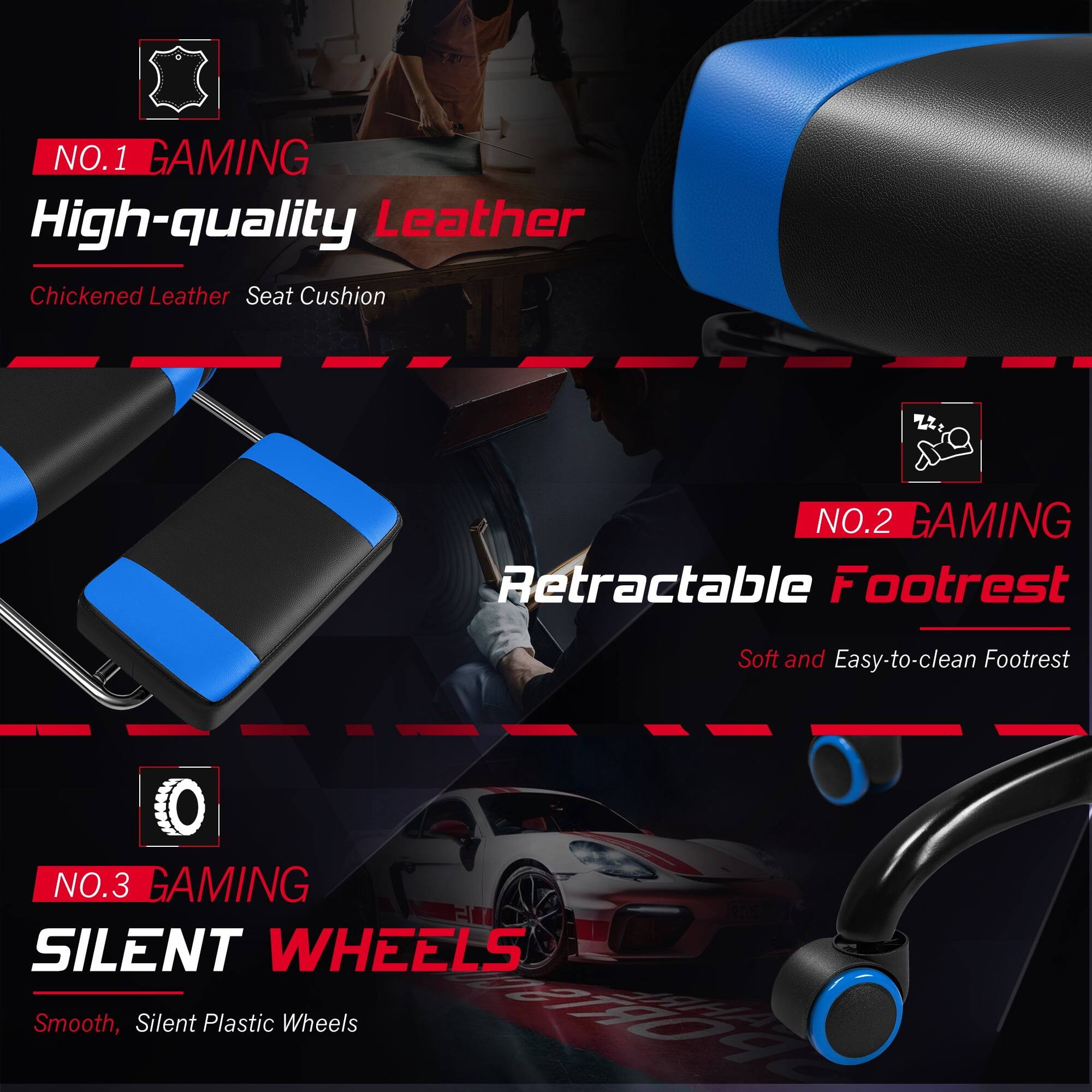 NO.1 GAMING  
High-quality Leather  
Chickened Leather Seat Cushion

NO.2 GAMING  
Retractable Footrest  
Soft and Easy-to-clean Footrest

NO.3 GAMING  
SILENT WHEELS  
Smooth, Silent Plastic Wheels