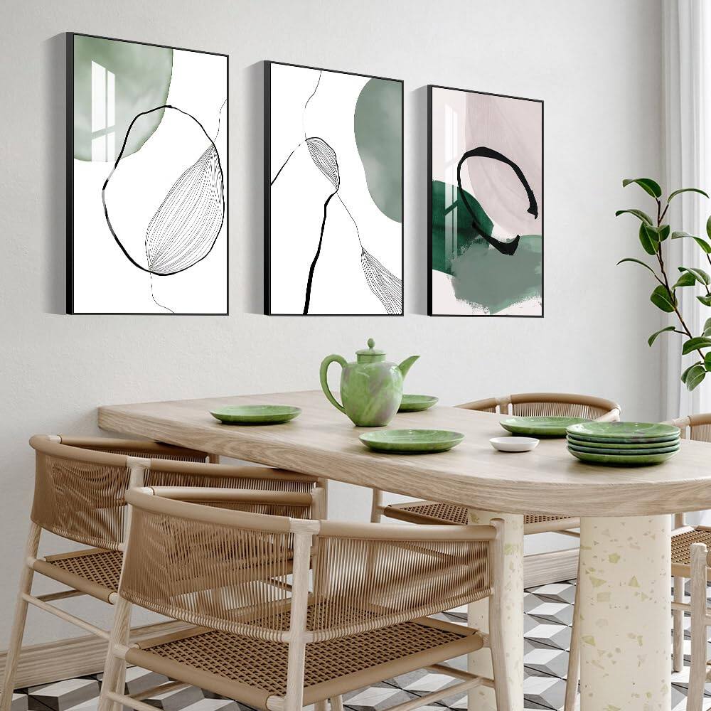 Front. Hanke - Abstract Framed Canvas Prints Geometric Wall Art Decorative Large Panel Modern Decor 24 x 32 inches - Gray White Green.