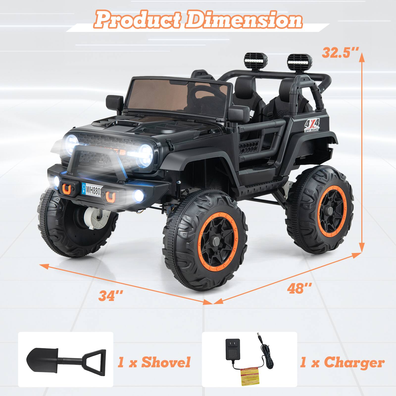 Product Dimension

32.5"  
48"  
34"  

1 x Shovel  
1 x Charger