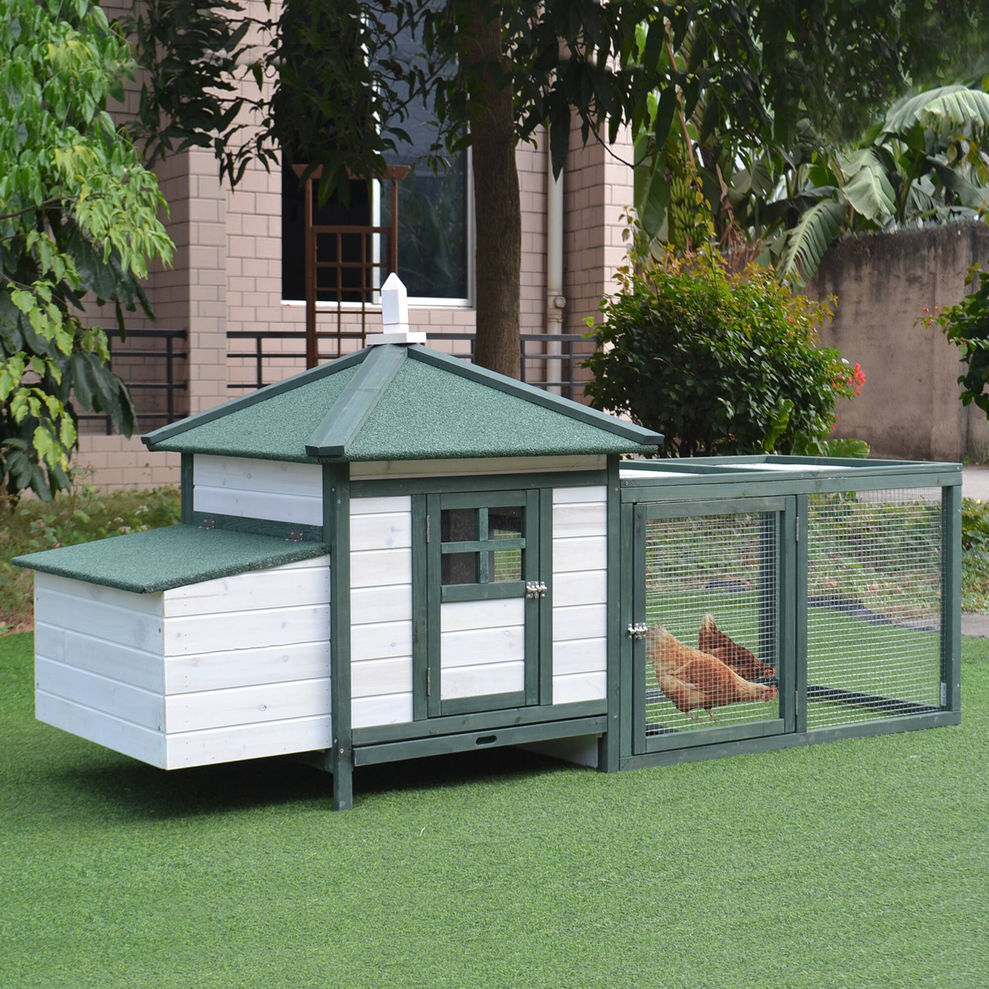 Angle. Pawhut - 77" Wooden Chicken Coop with Nesting Box, Cute Outdoor Hen House with Removable Tray, Ramp Run, for Garden Backyard.