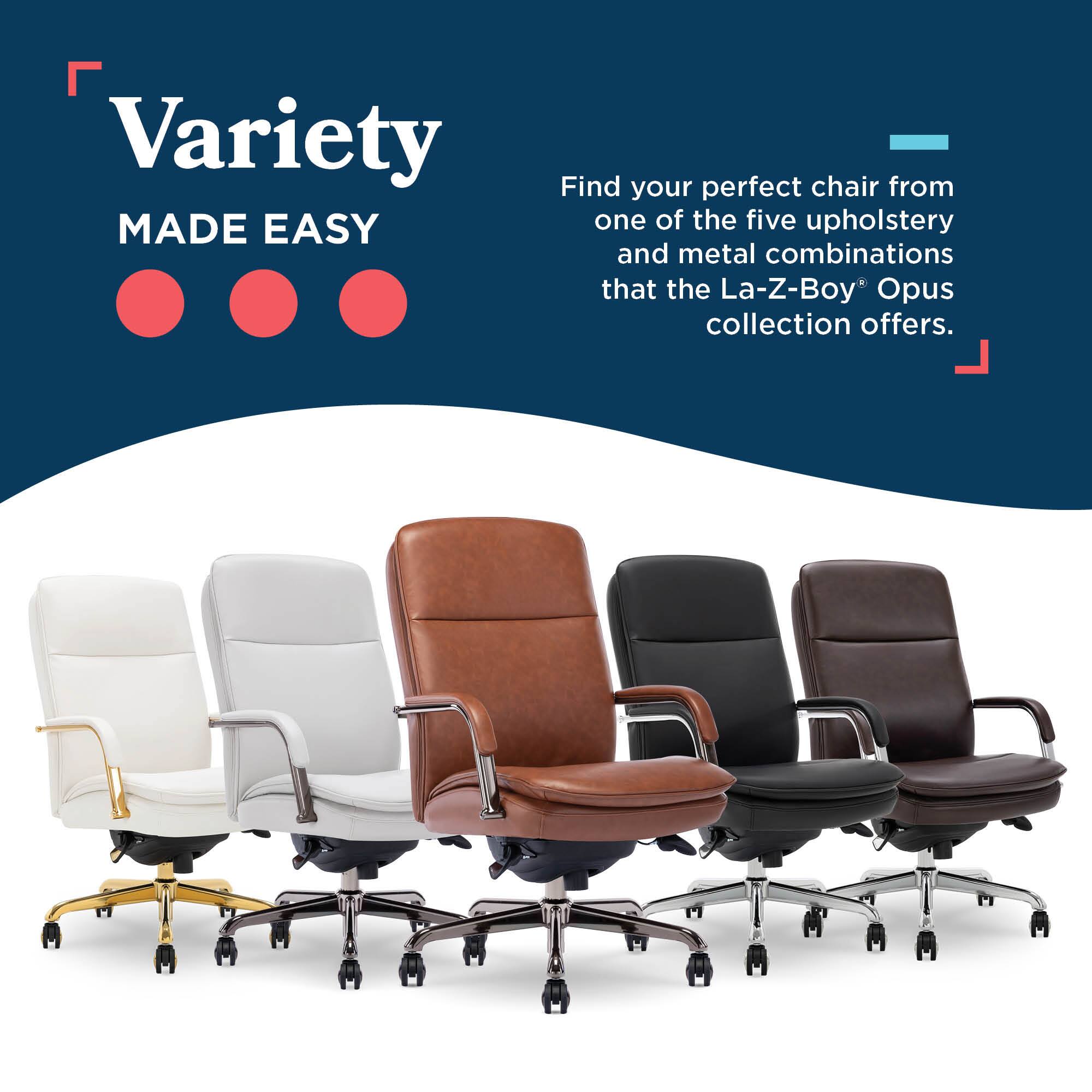 Variety MADE EASY

Find your perfect chair from one of the five upholstery and metal combinations that the La-Z-Boy Opus collection offers.