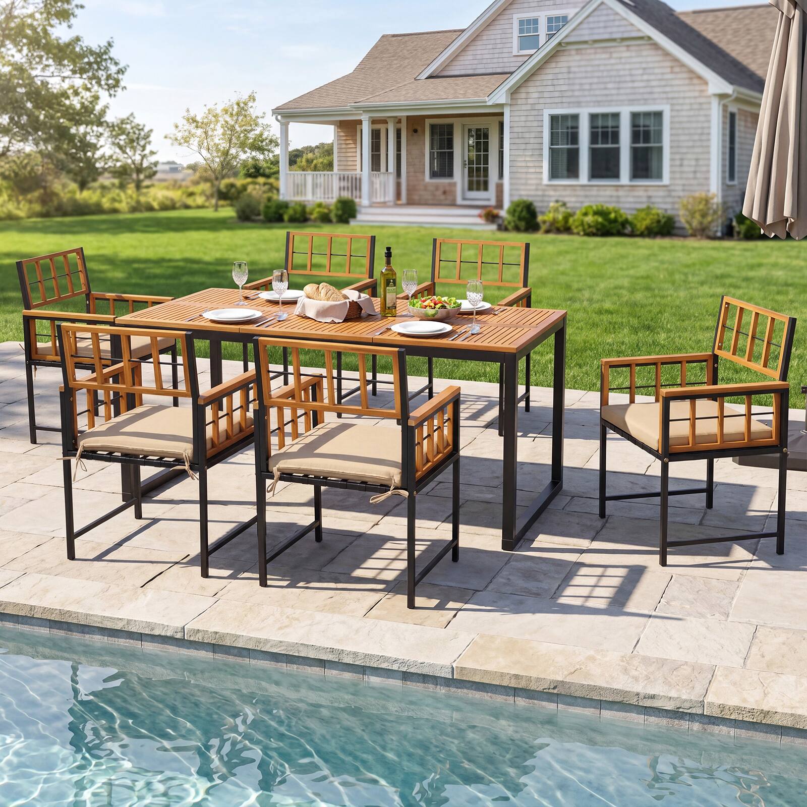 Alt View 3. Costway - Costway 7PCS Outdoor Dining Set, Acacia Wood Rectangular Table & Chairs Set with Cushions - Natural+Black+Beige.
