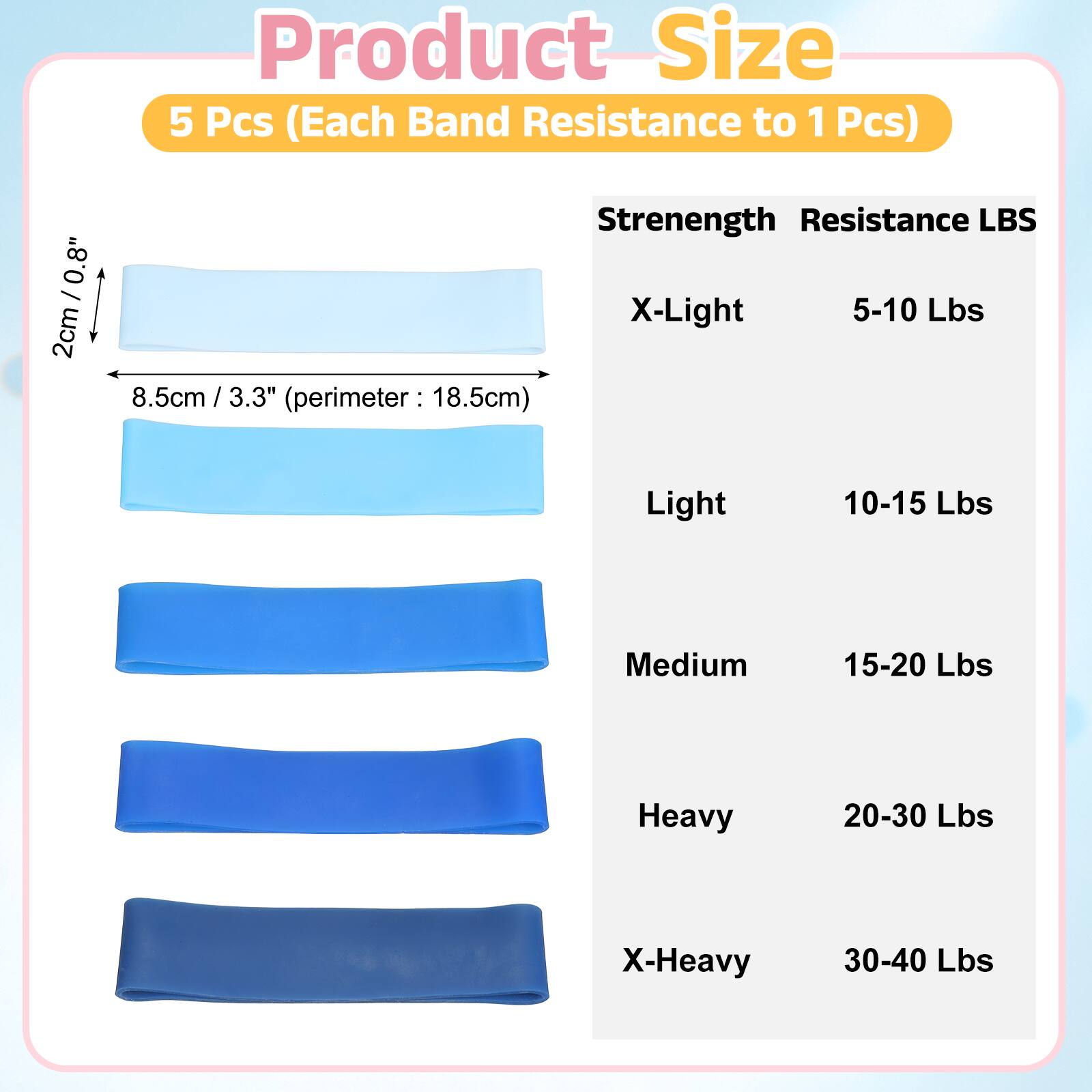 Product Size: 5 Pcs (Each Band Resistance to 1 Pcs)

- 0.8" / 2cm
- 8.5cm / 3.3" (perimeter: 18.5cm)

Strength Resistance LBS:
- X-Light: 5-10 Lbs
- Light: 10-15 Lbs
- Medium: 15-20 Lbs
- Heavy: 20-30 Lbs
- X-Heavy: 30-40 Lbs