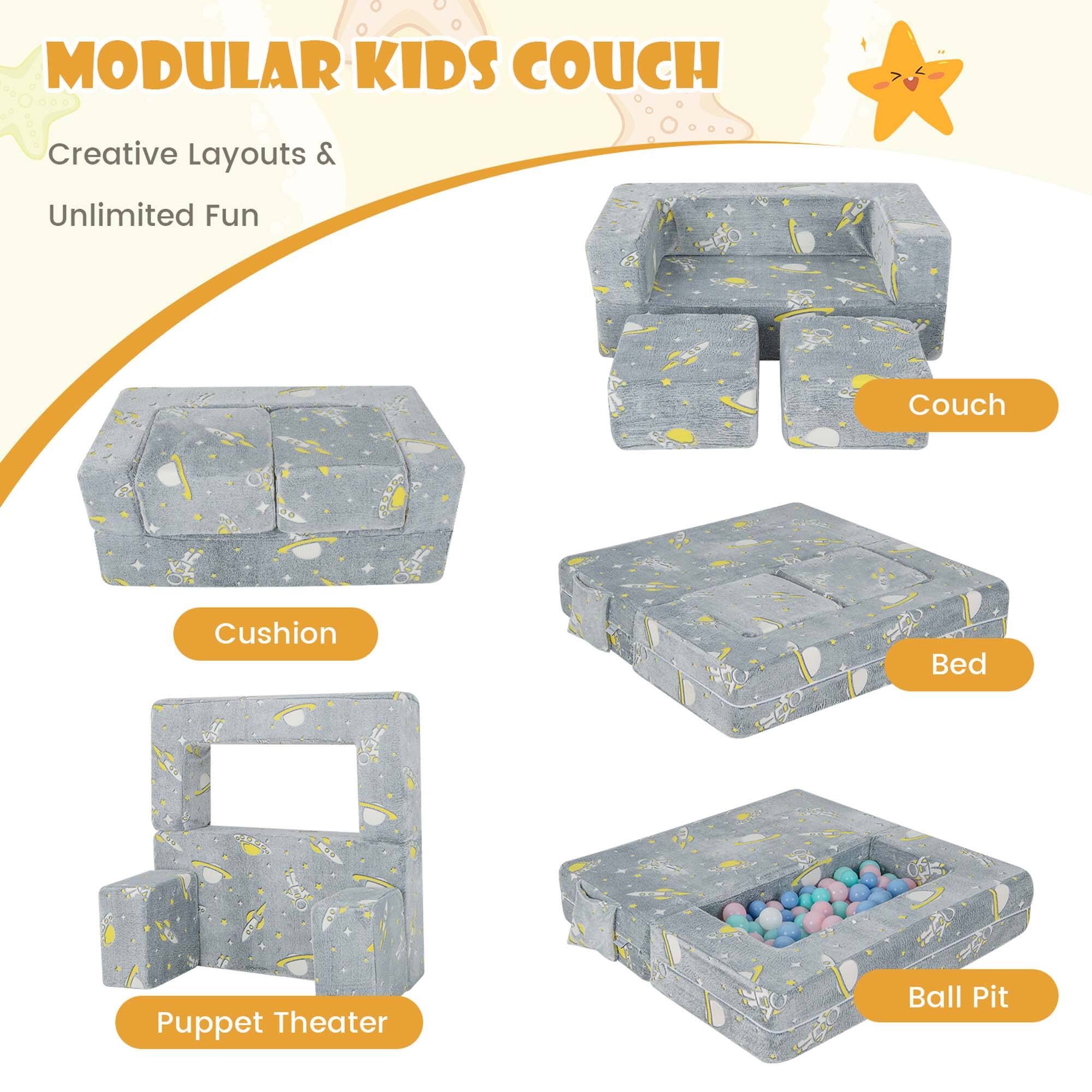 MODULAR KIDS COUCH  
Creative Layouts & Unlimited Fun  

Couch  
Cushion  
Puppet Theater  
Bed  
Ball Pit
