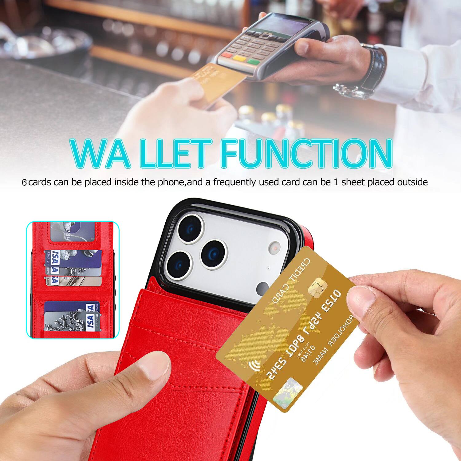WA LLET FUNCTION  
6 cards can be placed inside the phone, and a frequently used card can be 1 sheet placed outside  
ISA CREDIT CARD HOLDER  
1OP8 ATIiDun UPHT  
ANTID NAME 2345