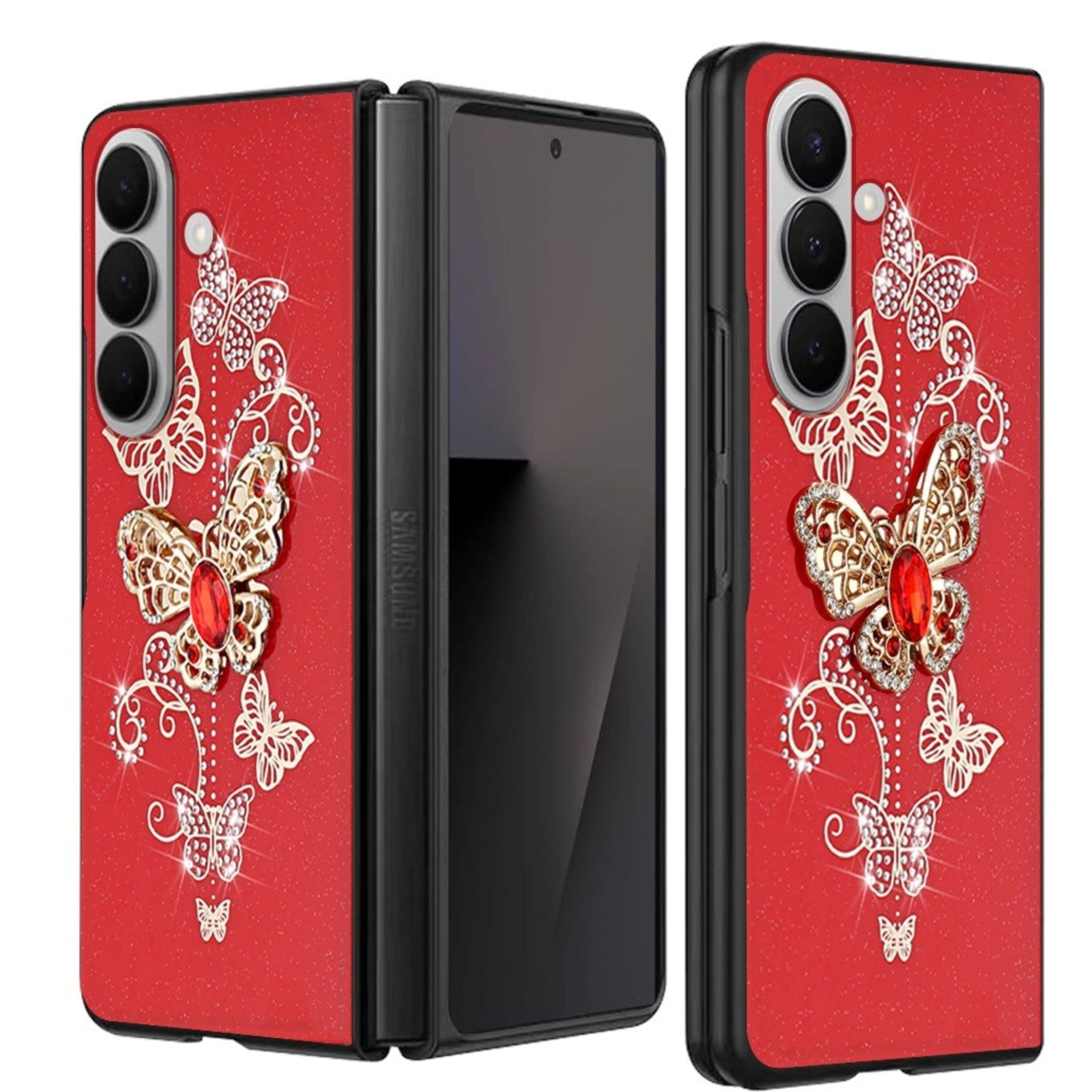 Angle. Kitcheniva - Rhinestone Bling Glitter Case With Tempered Glass For Samsung Galaxy Z Fold 7 Red - Red.