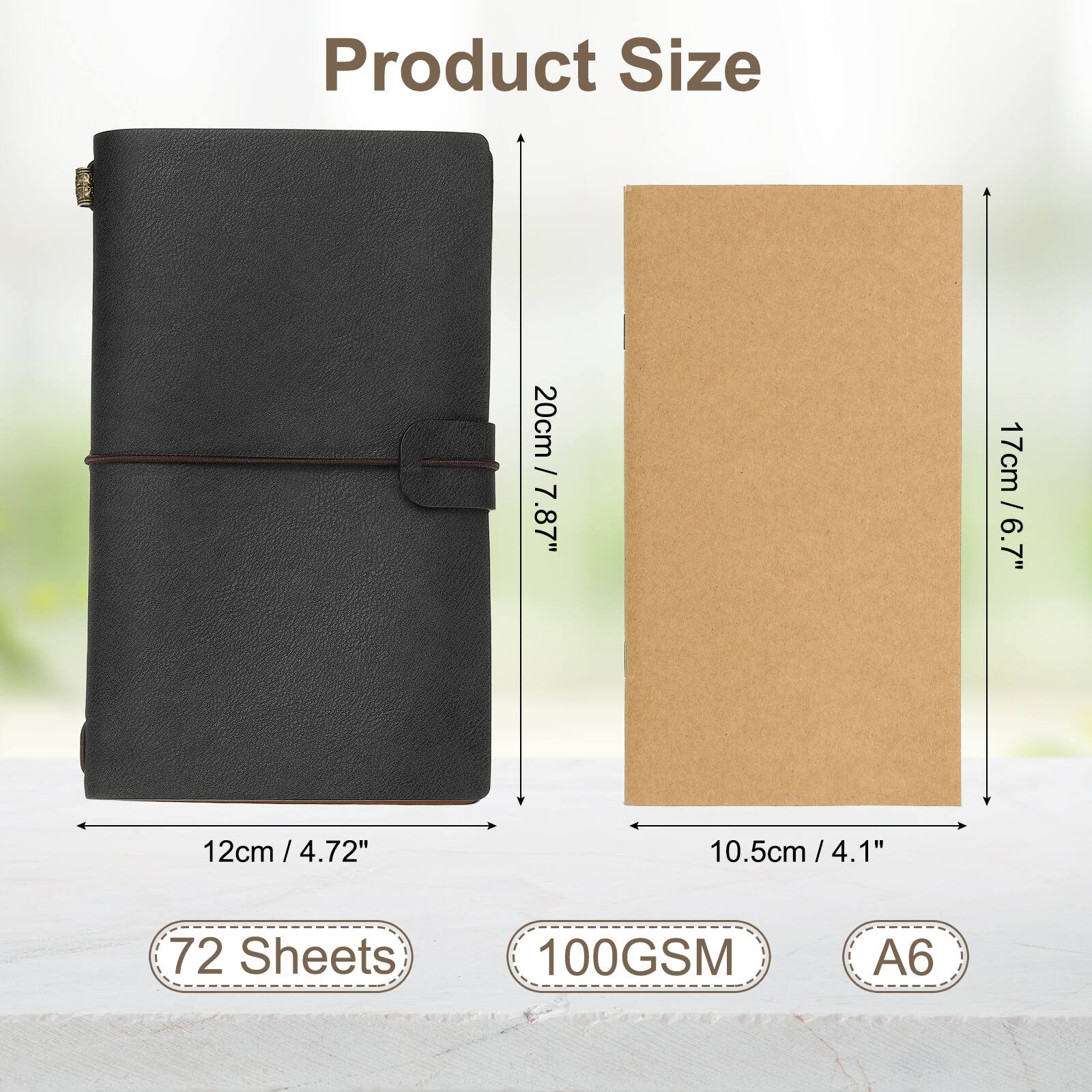 Product Size  
20cm / 7.87"  
17cm / 6.7"  
12cm / 4.72"  
10.5cm / 4.1"  
72 Sheets  
100GSM  
A6
